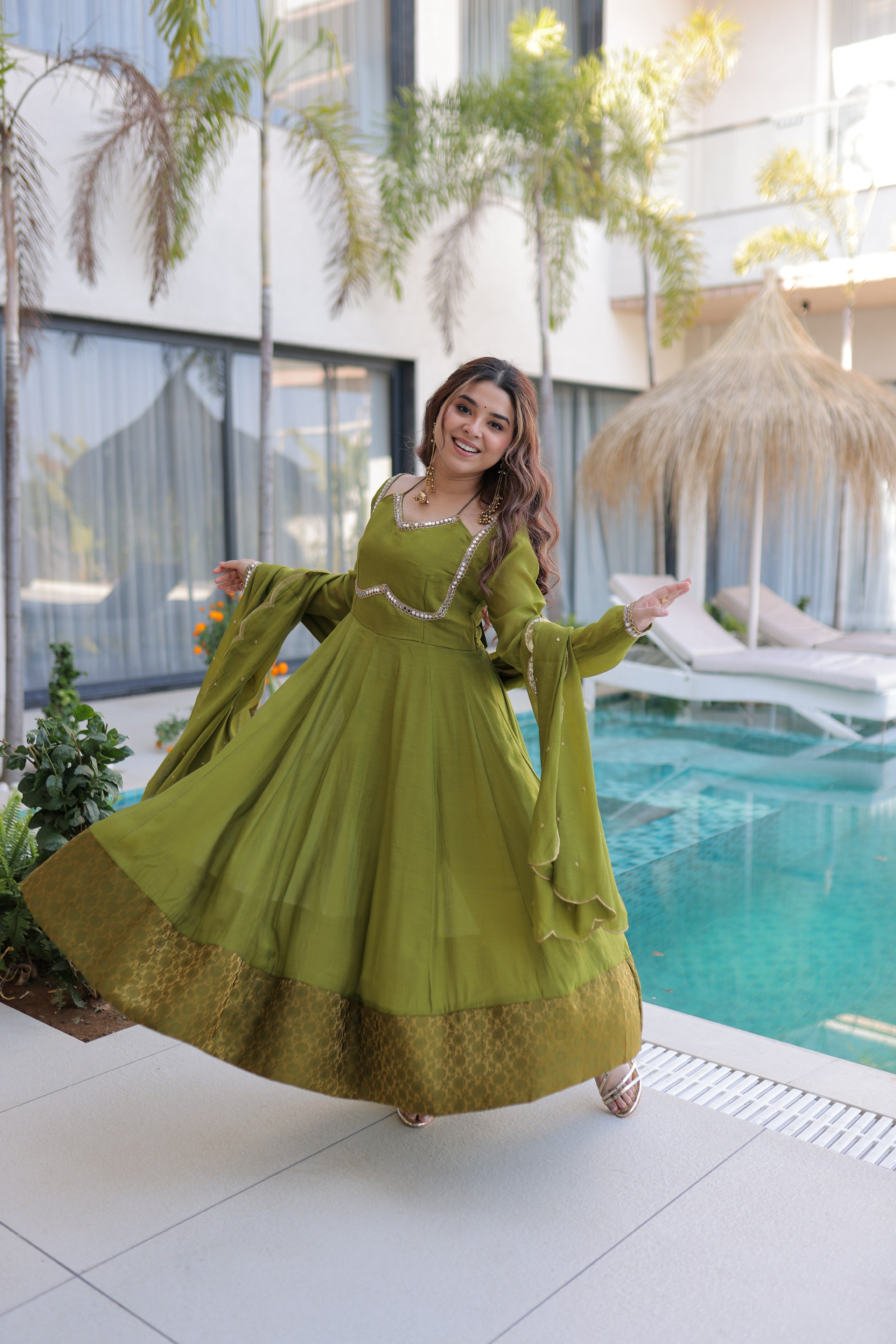 Chanderi Lace Work Mehendi Anarkali Suit With Pant