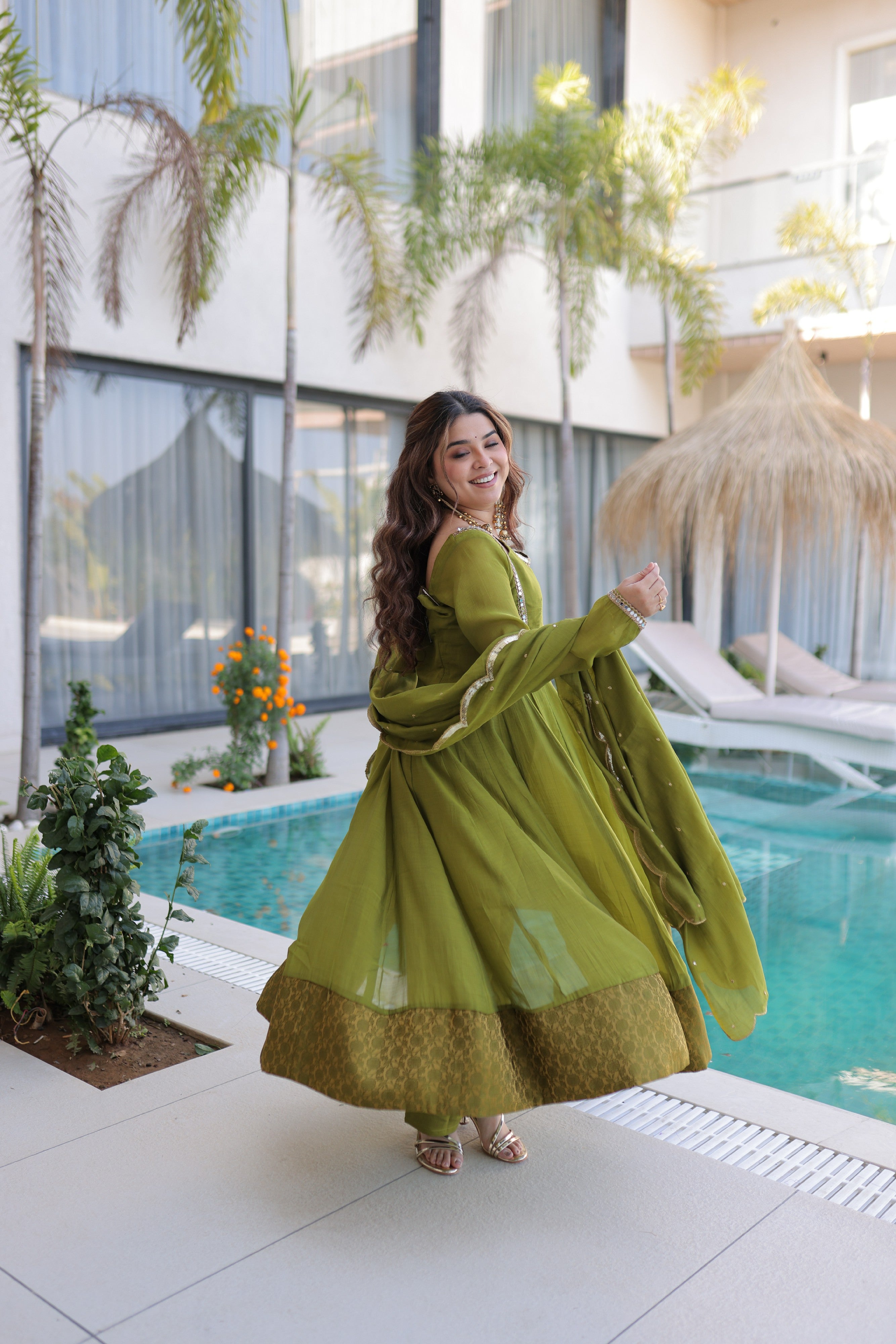 Chanderi Lace Work Mehendi Anarkali Suit With Pant