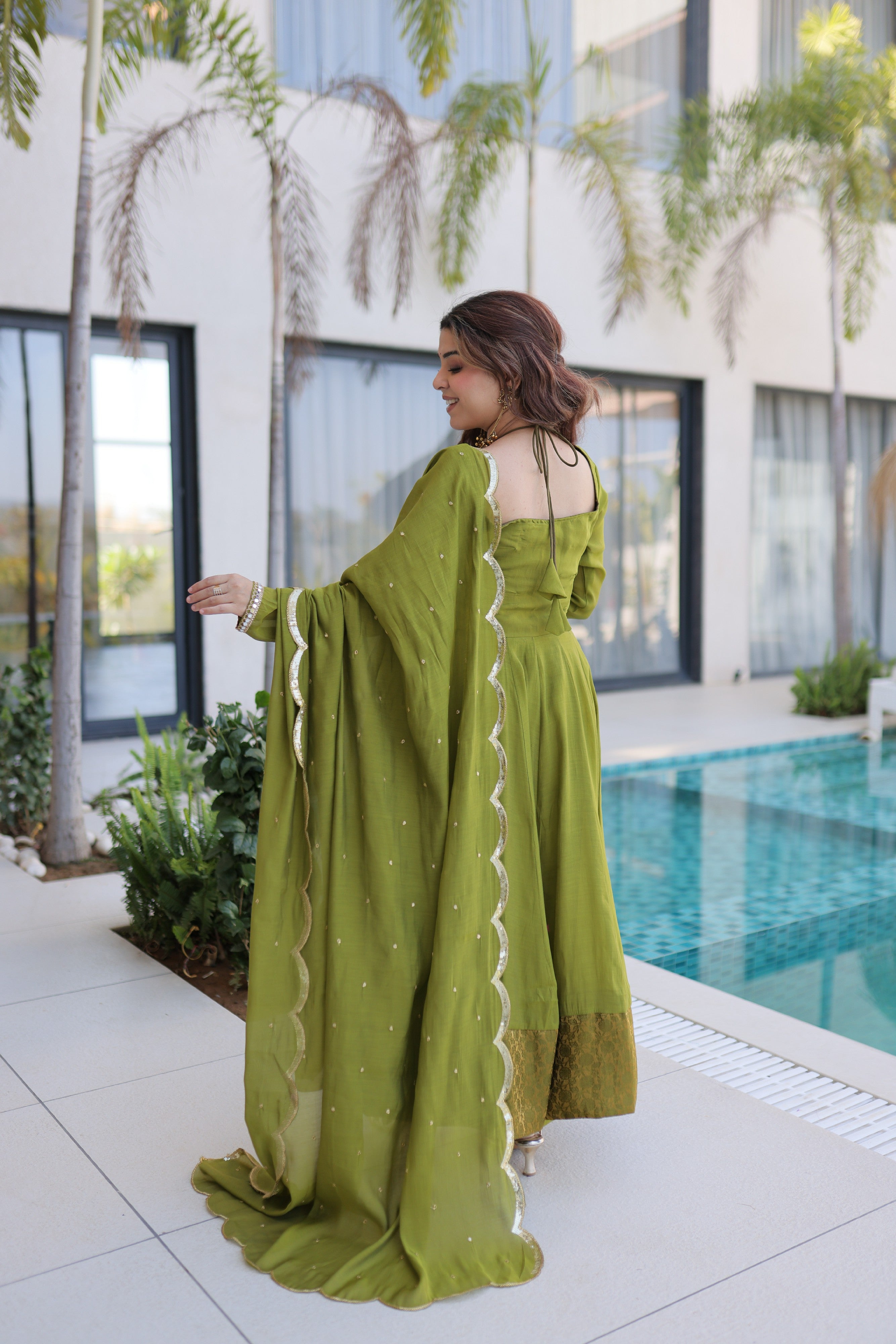 Chanderi Lace Work Mehendi Anarkali Suit With Pant
