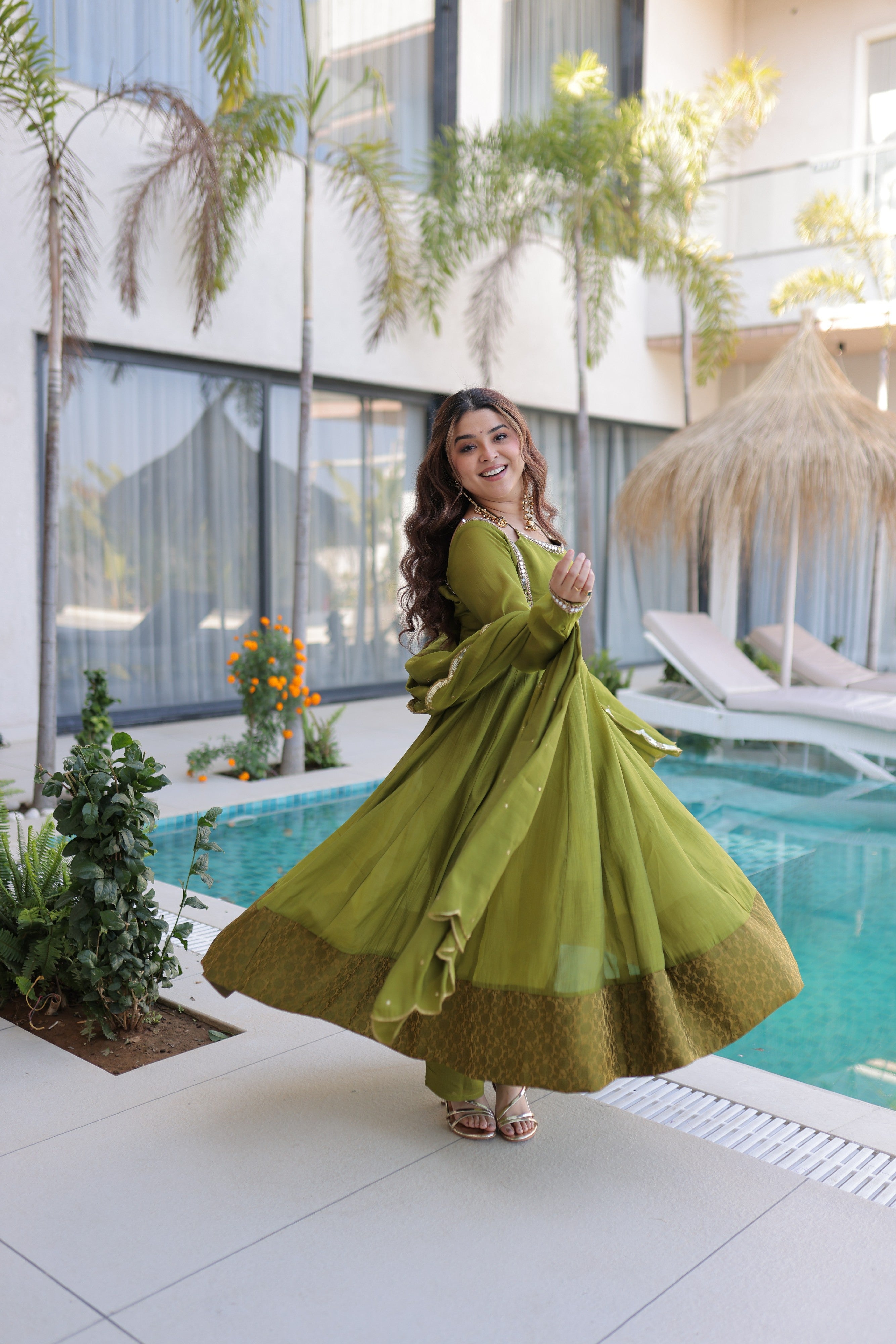 Chanderi Lace Work Mehendi Anarkali Suit With Pant