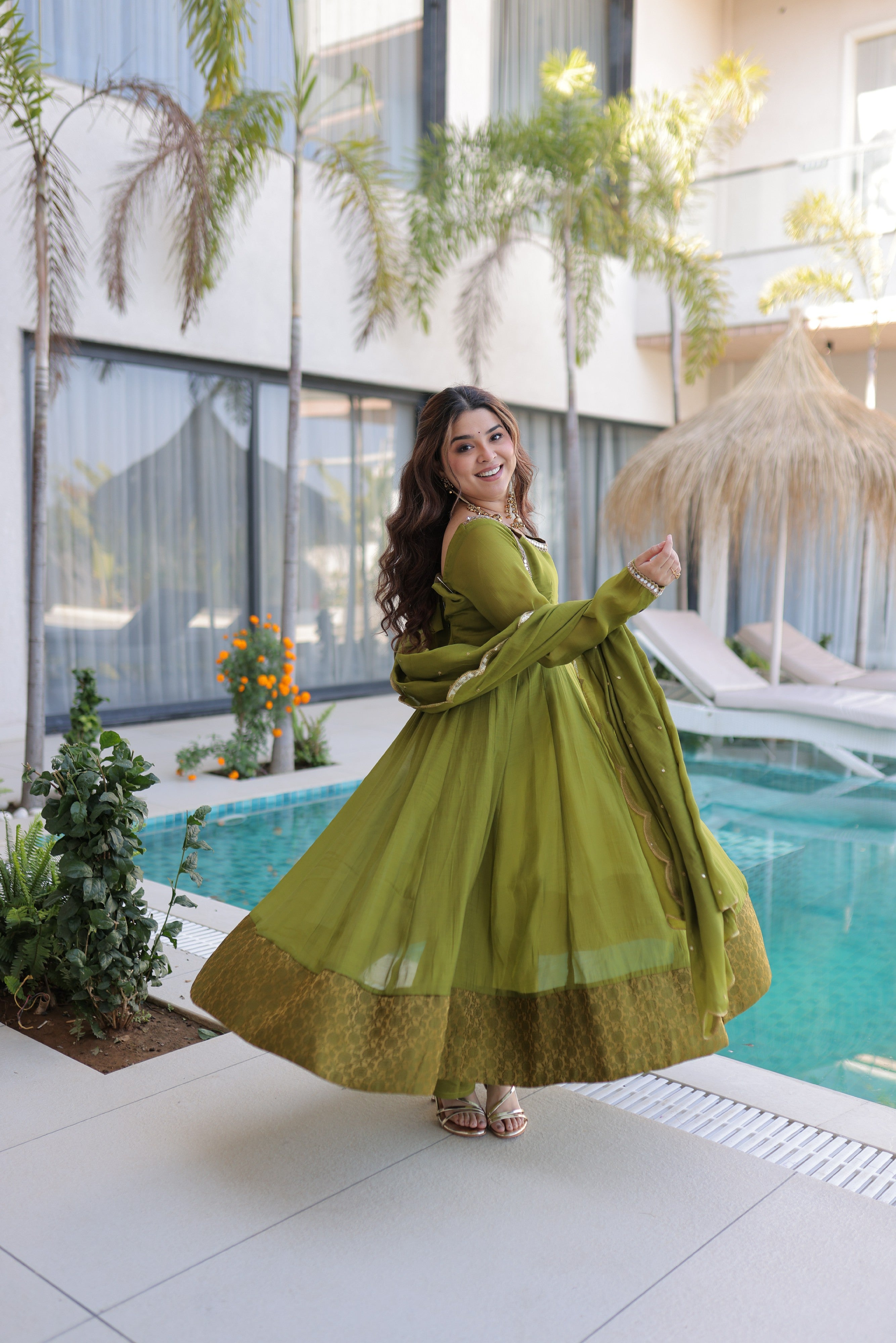 Chanderi Lace Work Mehendi Anarkali Suit With Pant