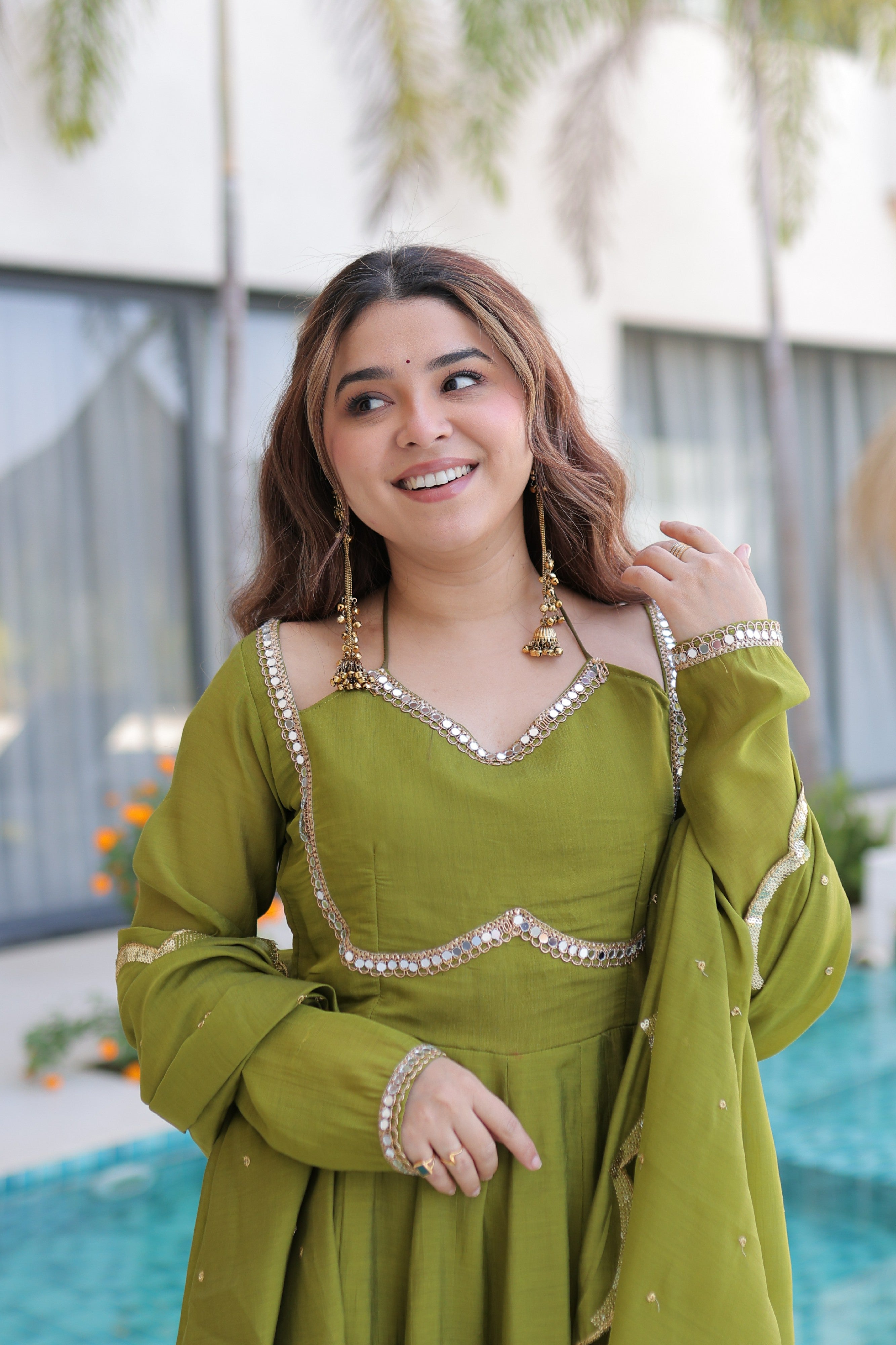 Chanderi Lace Work Mehendi Anarkali Suit With Pant