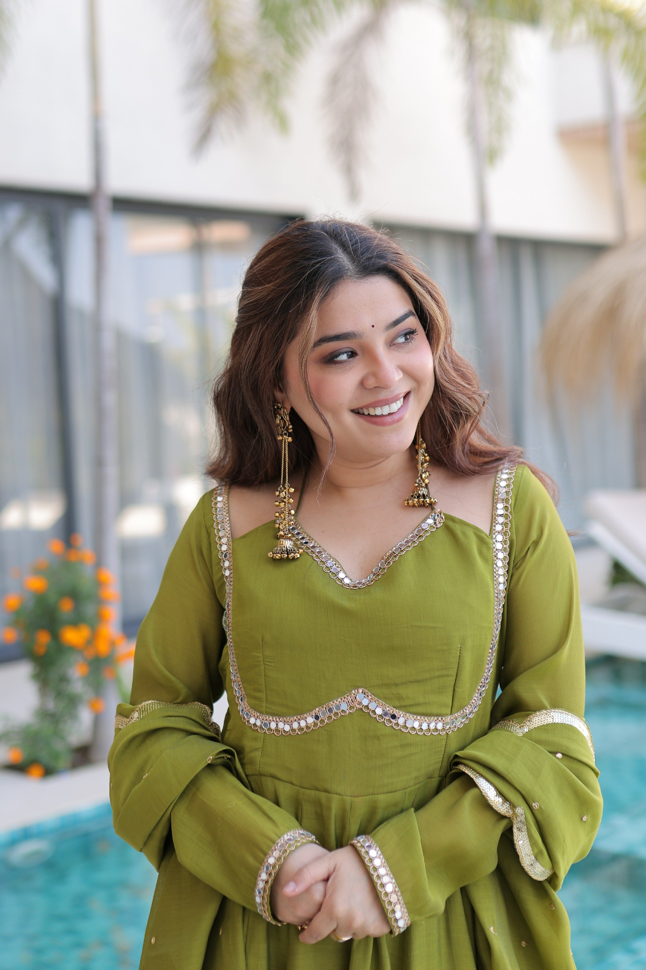 Chanderi Lace Work Mehendi Anarkali Suit With Pant