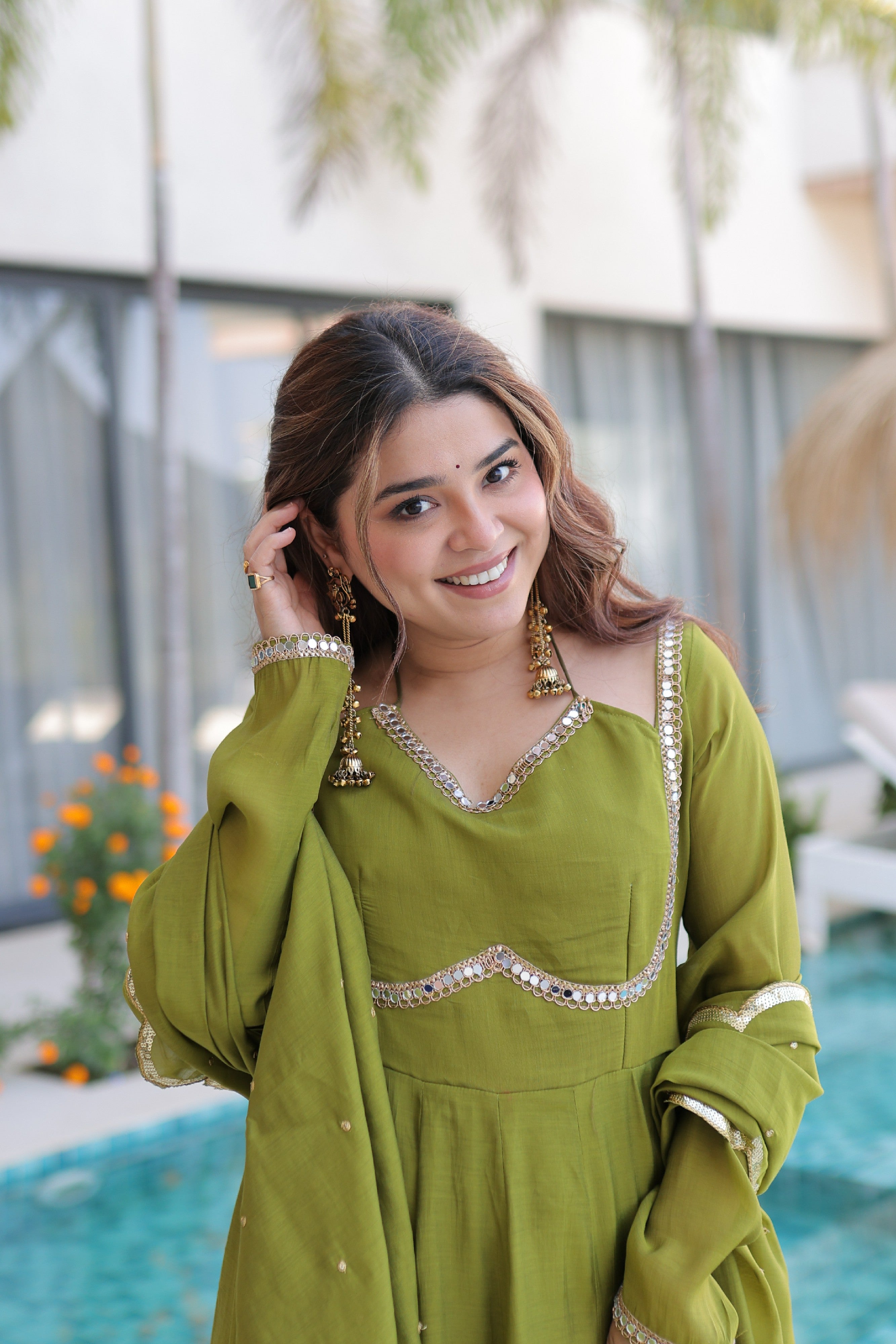 Chanderi Lace Work Mehendi Anarkali Suit With Pant