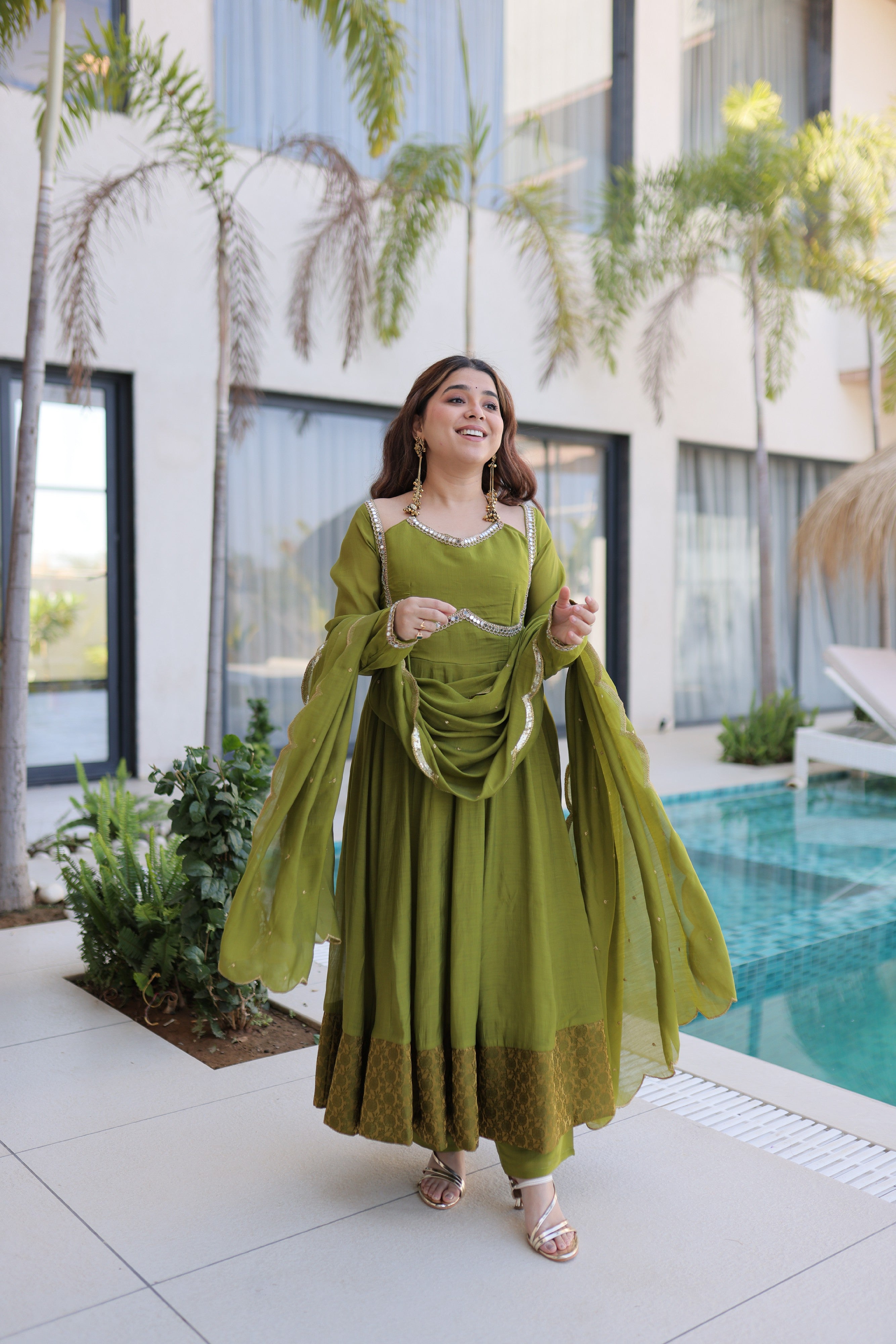 Chanderi Lace Work Mehendi Anarkali Suit With Pant
