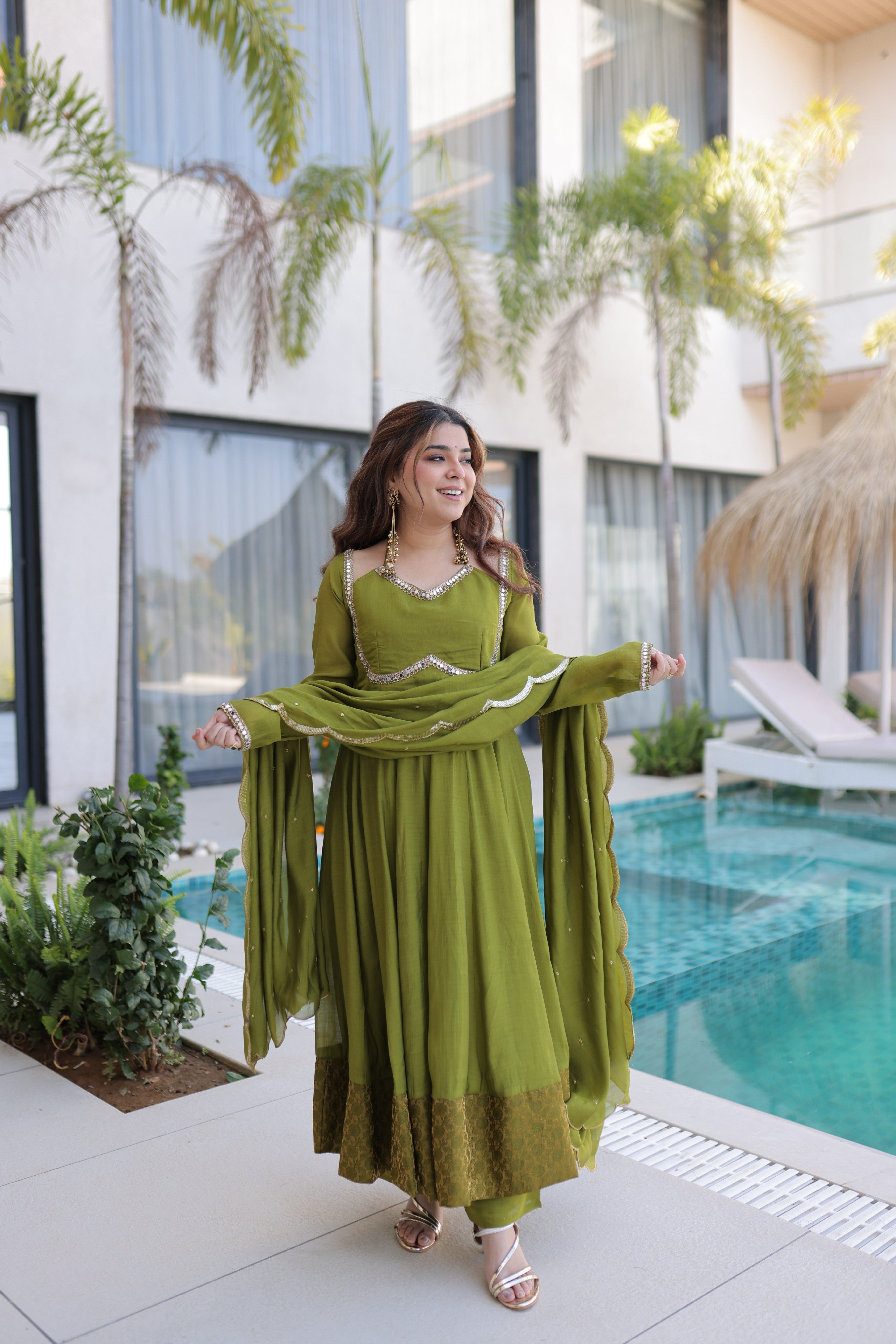 Chanderi Lace Work Mehendi Anarkali Suit With Pant