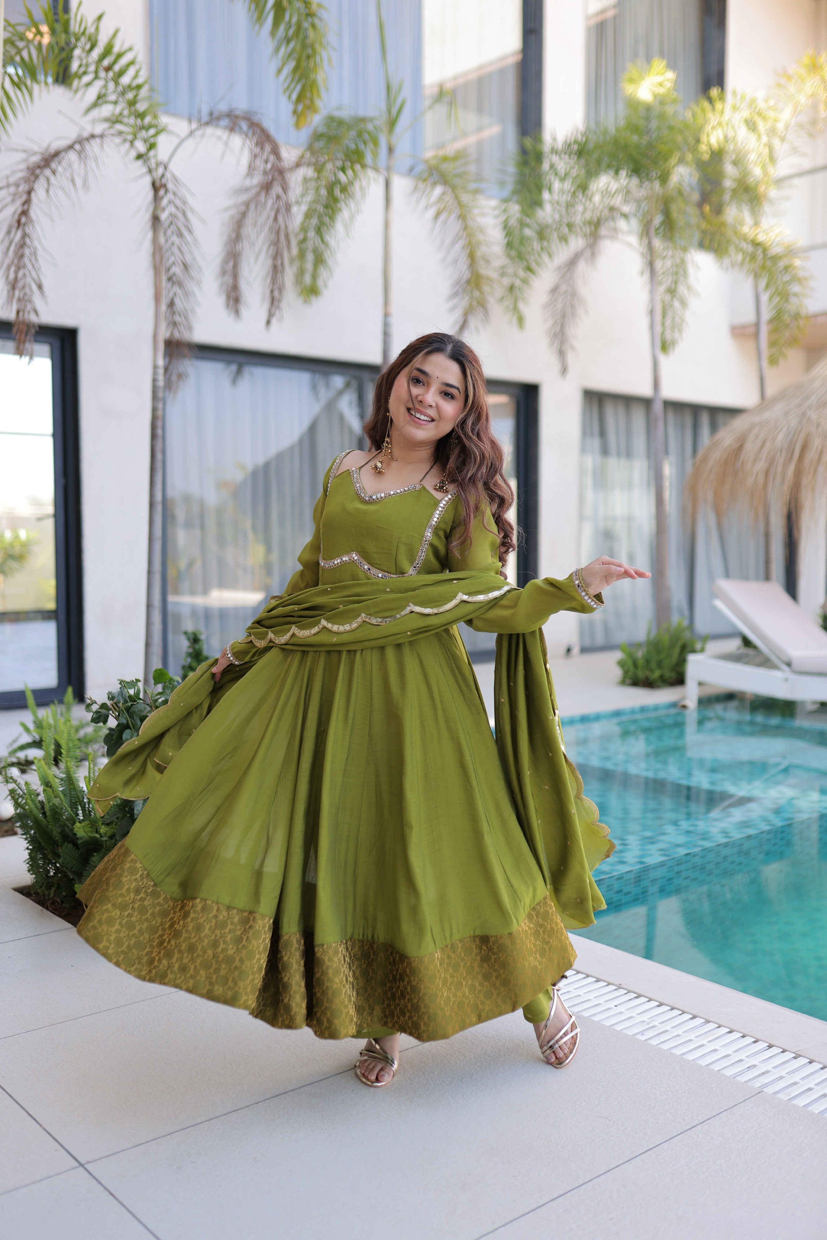 Chanderi Lace Work Mehendi Anarkali Suit With Pant