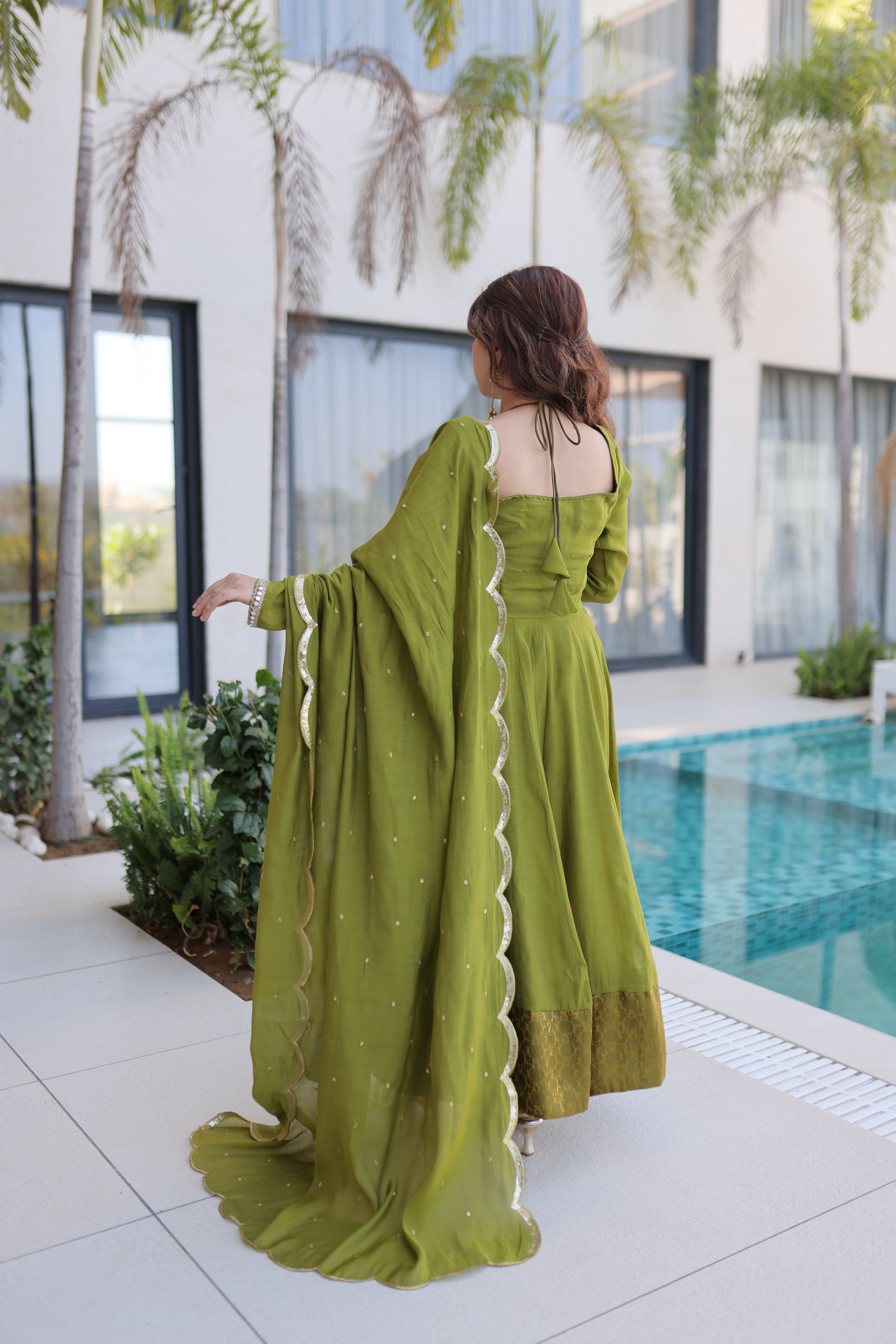Chanderi Lace Work Mehendi Anarkali Suit With Pant