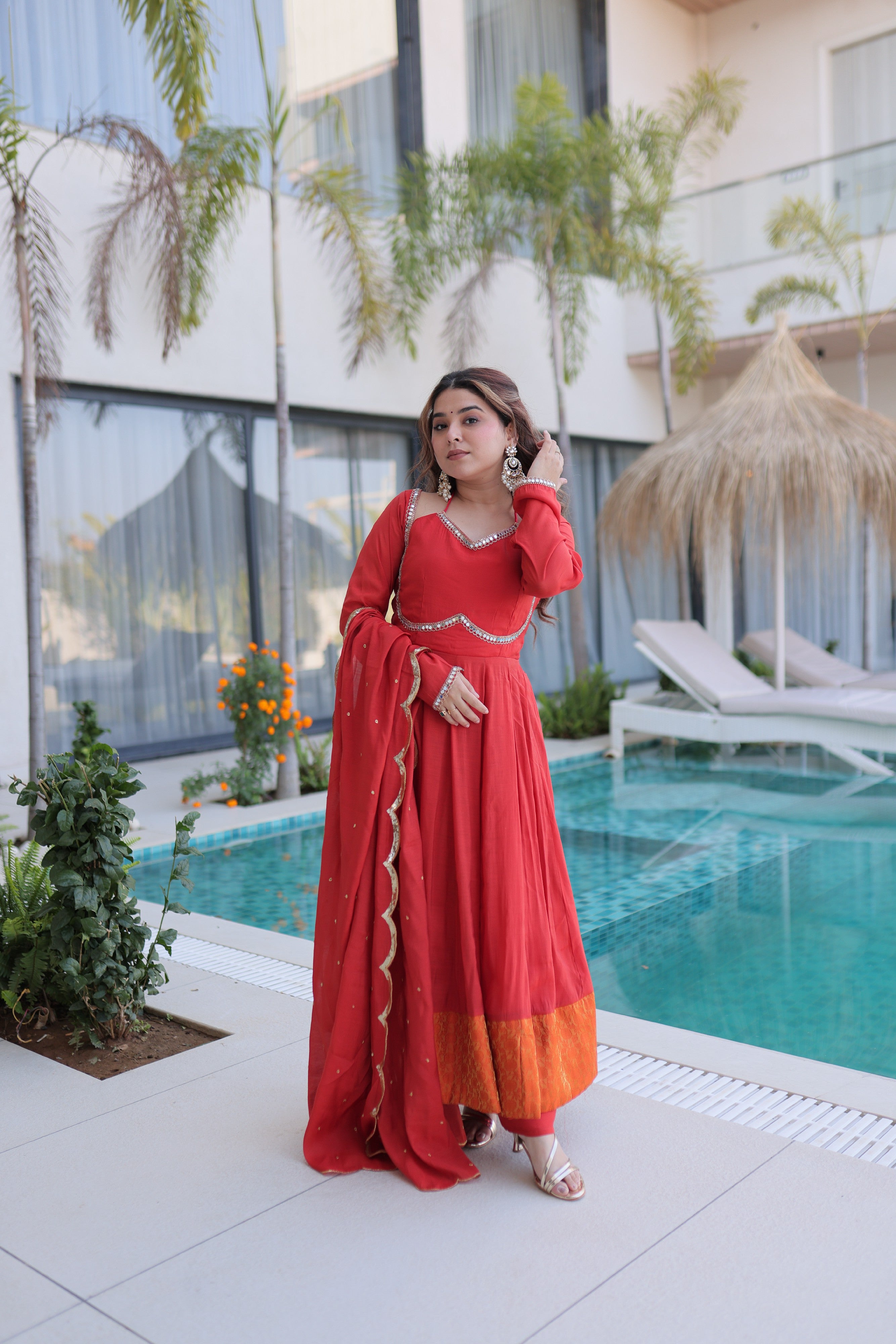 Chanderi Lace Work Mehendi Anarkali Suit With Pant