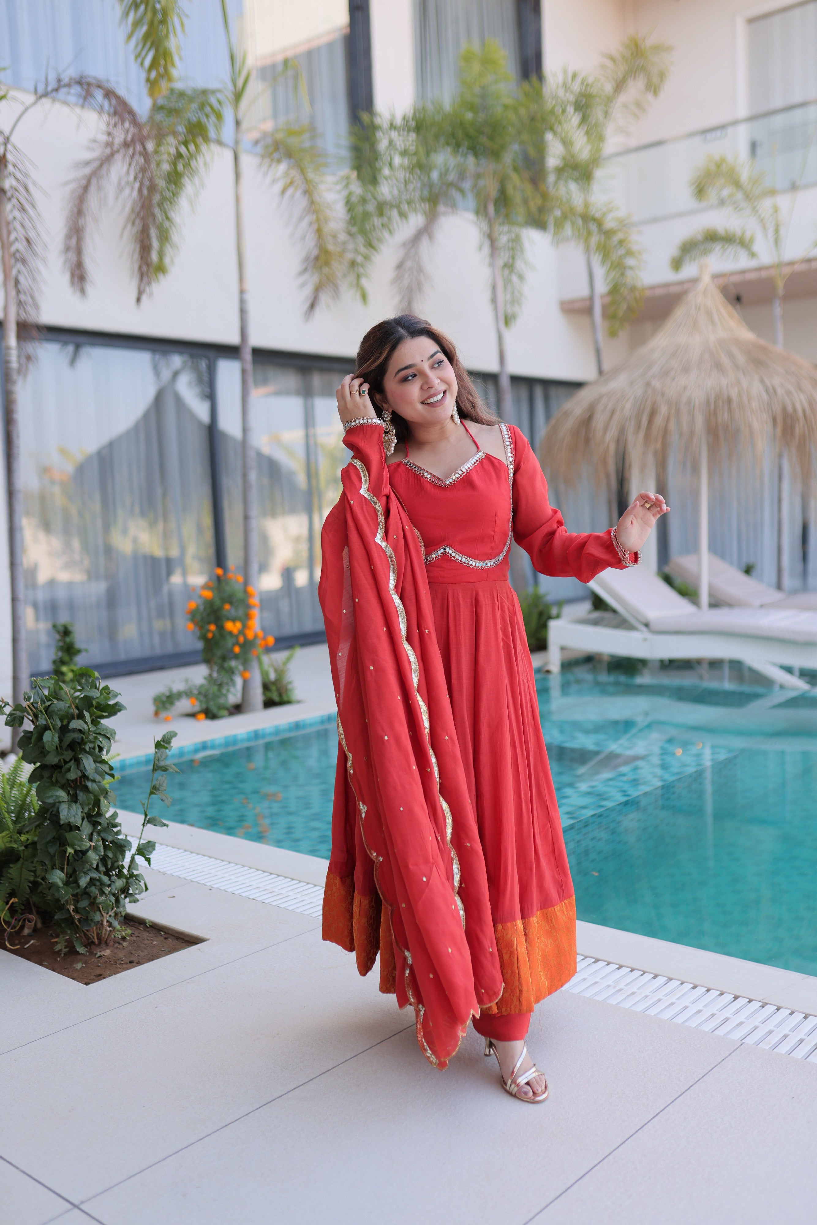 Chanderi Lace Work Mehendi Anarkali Suit With Pant