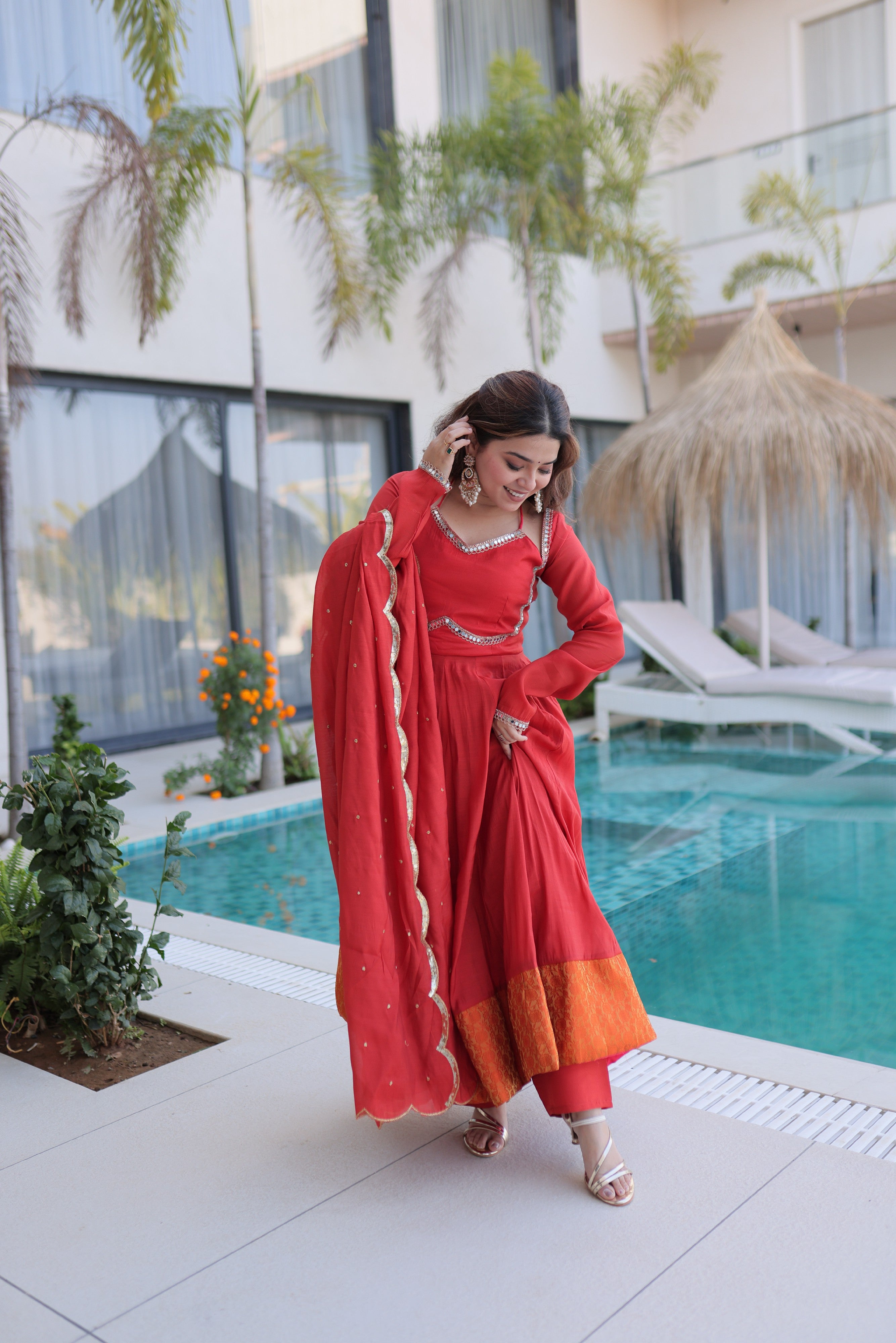 Chanderi Lace Work Mehendi Anarkali Suit With Pant