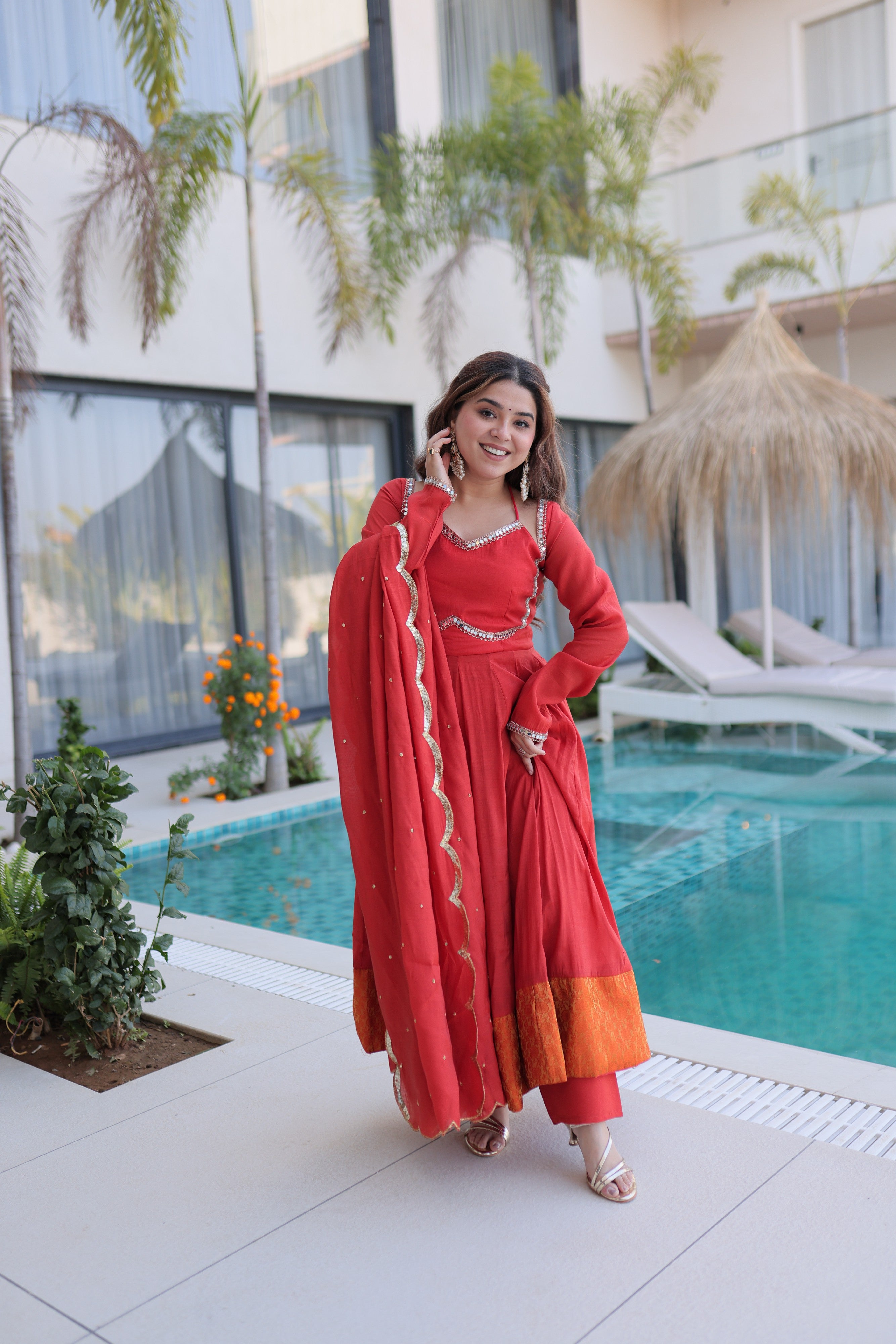 Chanderi Lace Work Mehendi Anarkali Suit With Pant