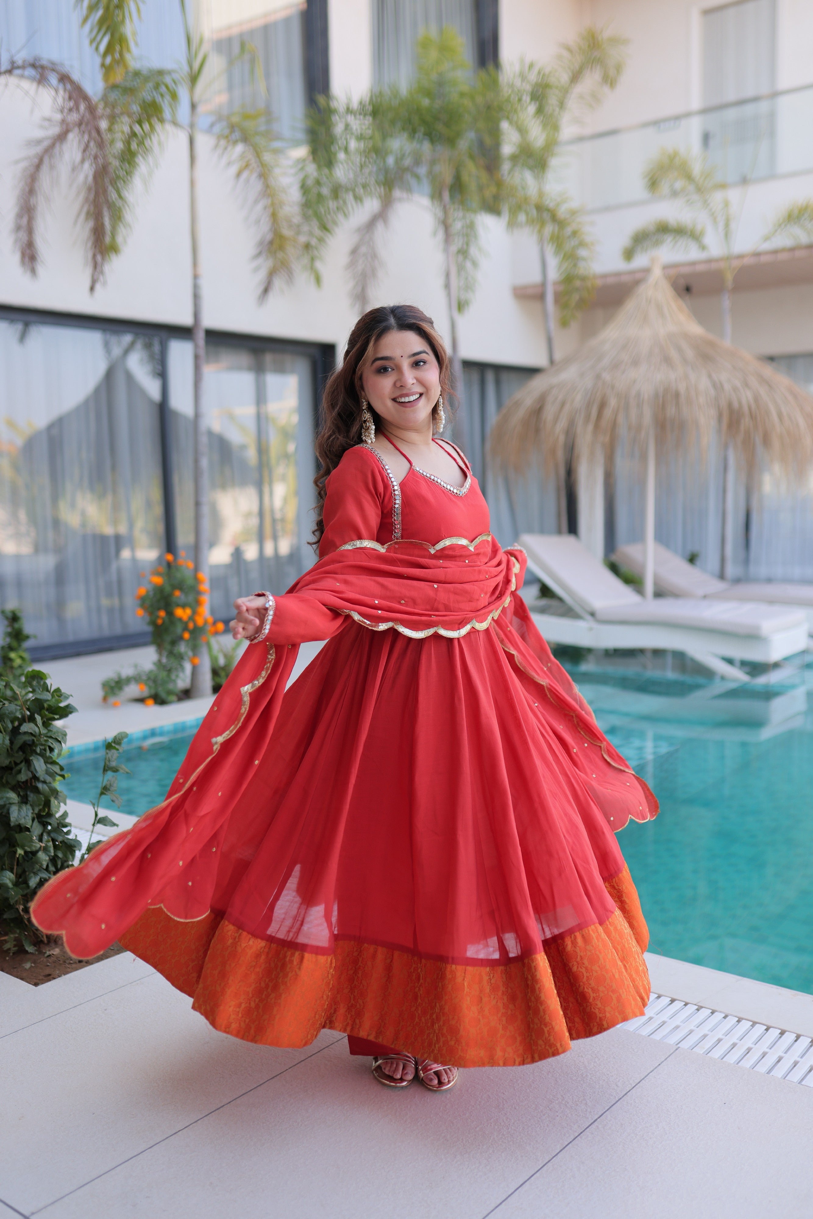 Chanderi Lace Work Mehendi Anarkali Suit With Pant
