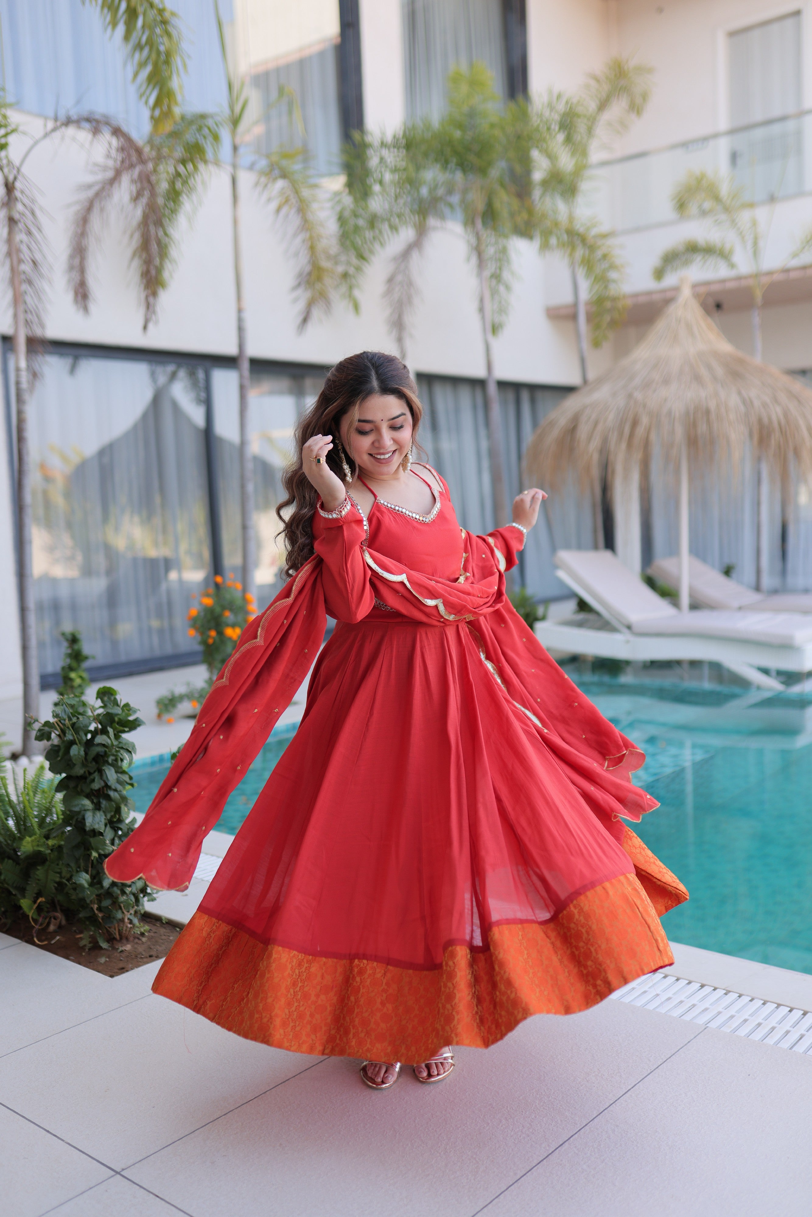 Chanderi Lace Work Mehendi Anarkali Suit With Pant