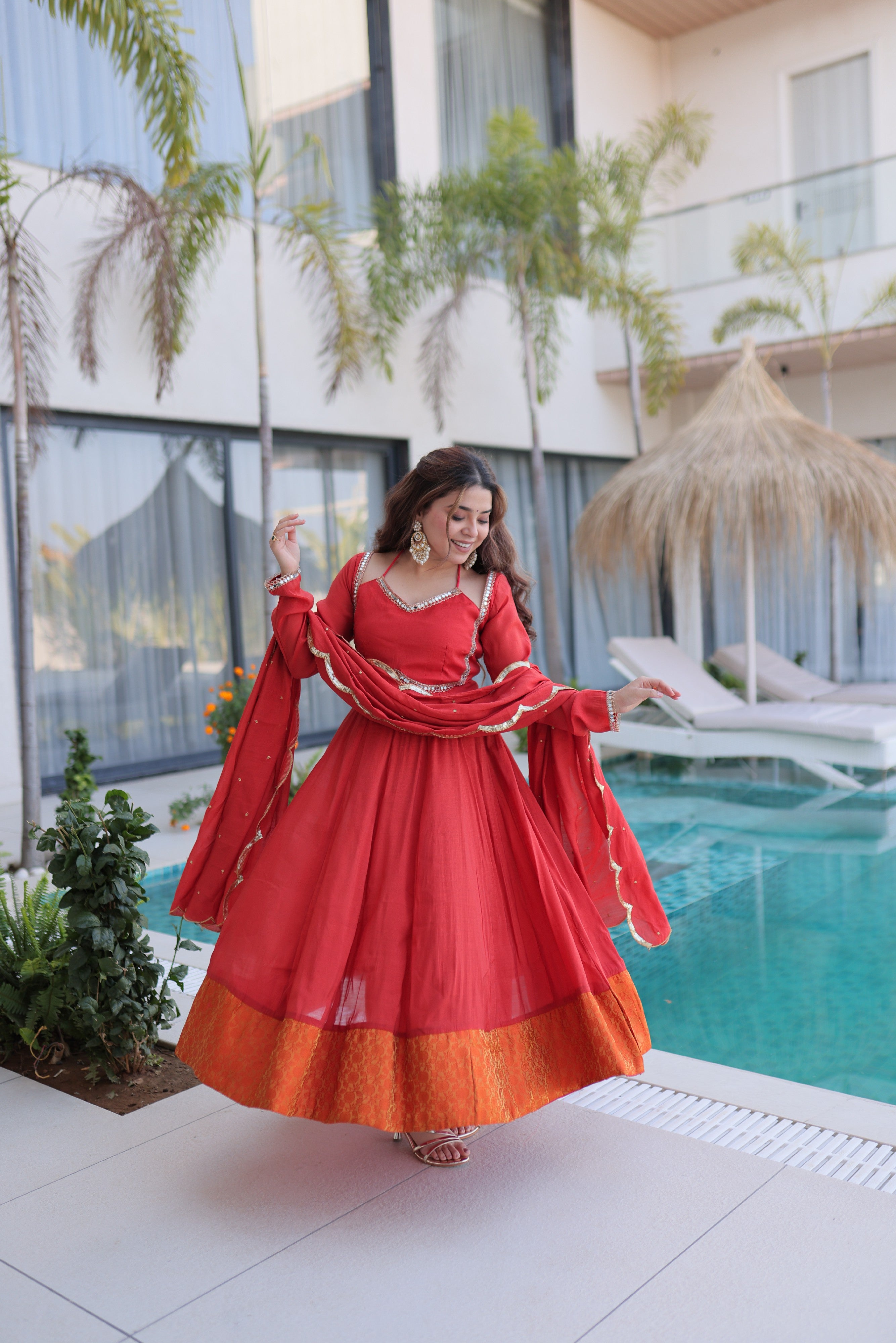 Chanderi Lace Work Mehendi Anarkali Suit With Pant