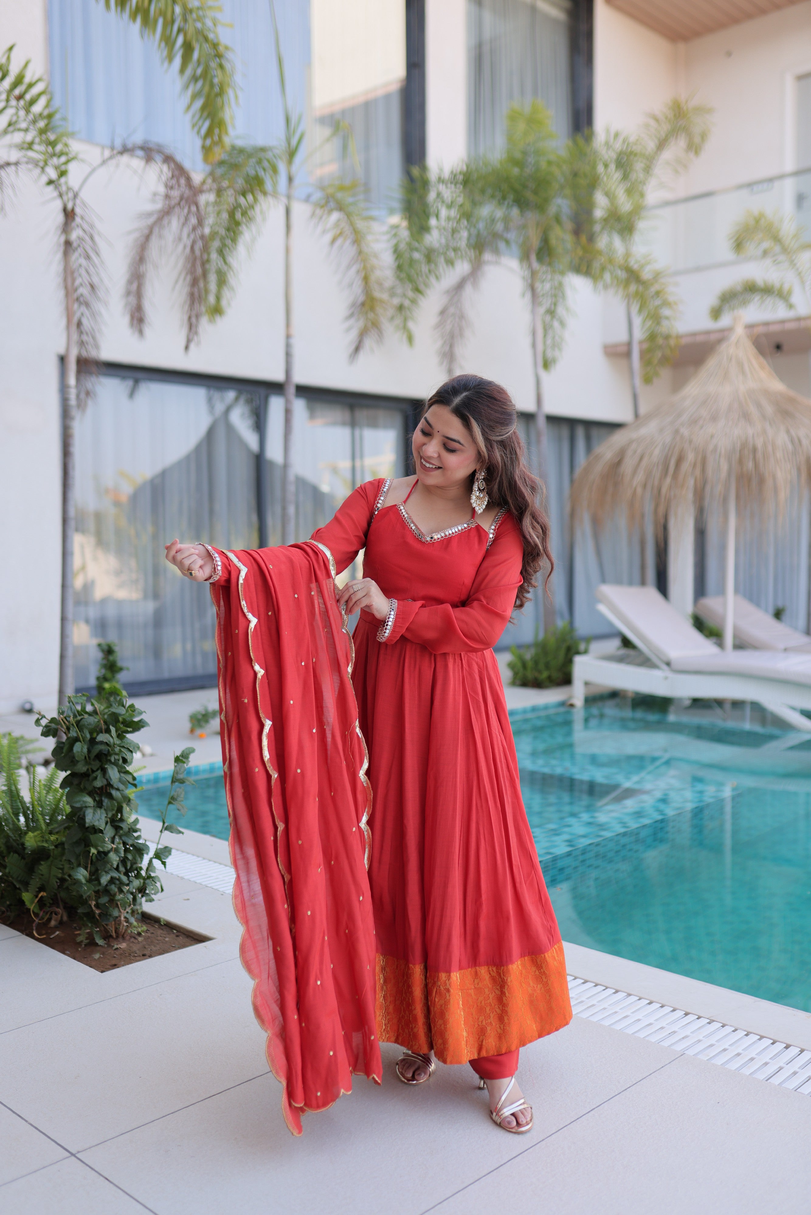 Chanderi Lace Work Mehendi Anarkali Suit With Pant