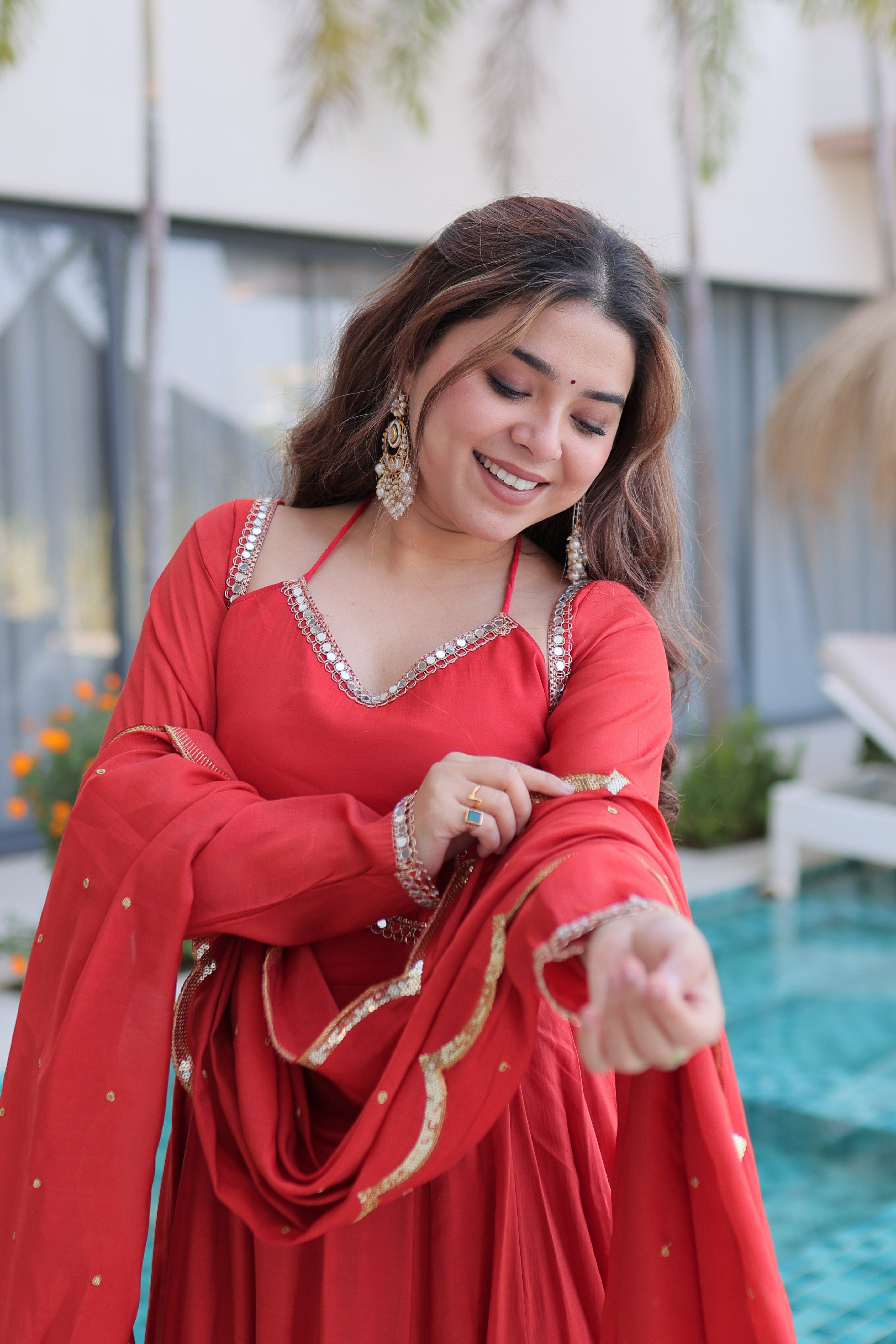 Chanderi Lace Work Mehendi Anarkali Suit With Pant