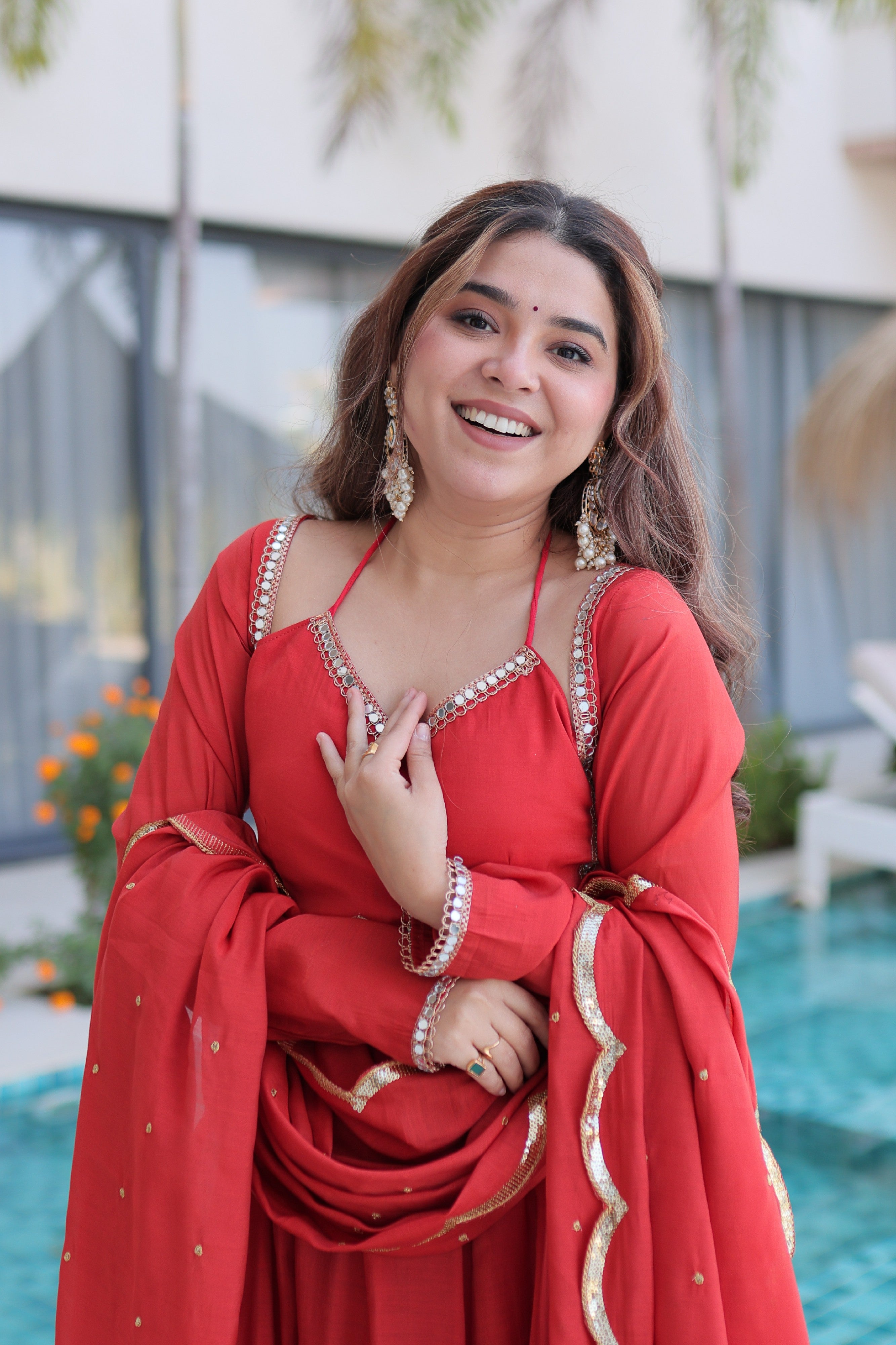 Chanderi Lace Work Mehendi Anarkali Suit With Pant