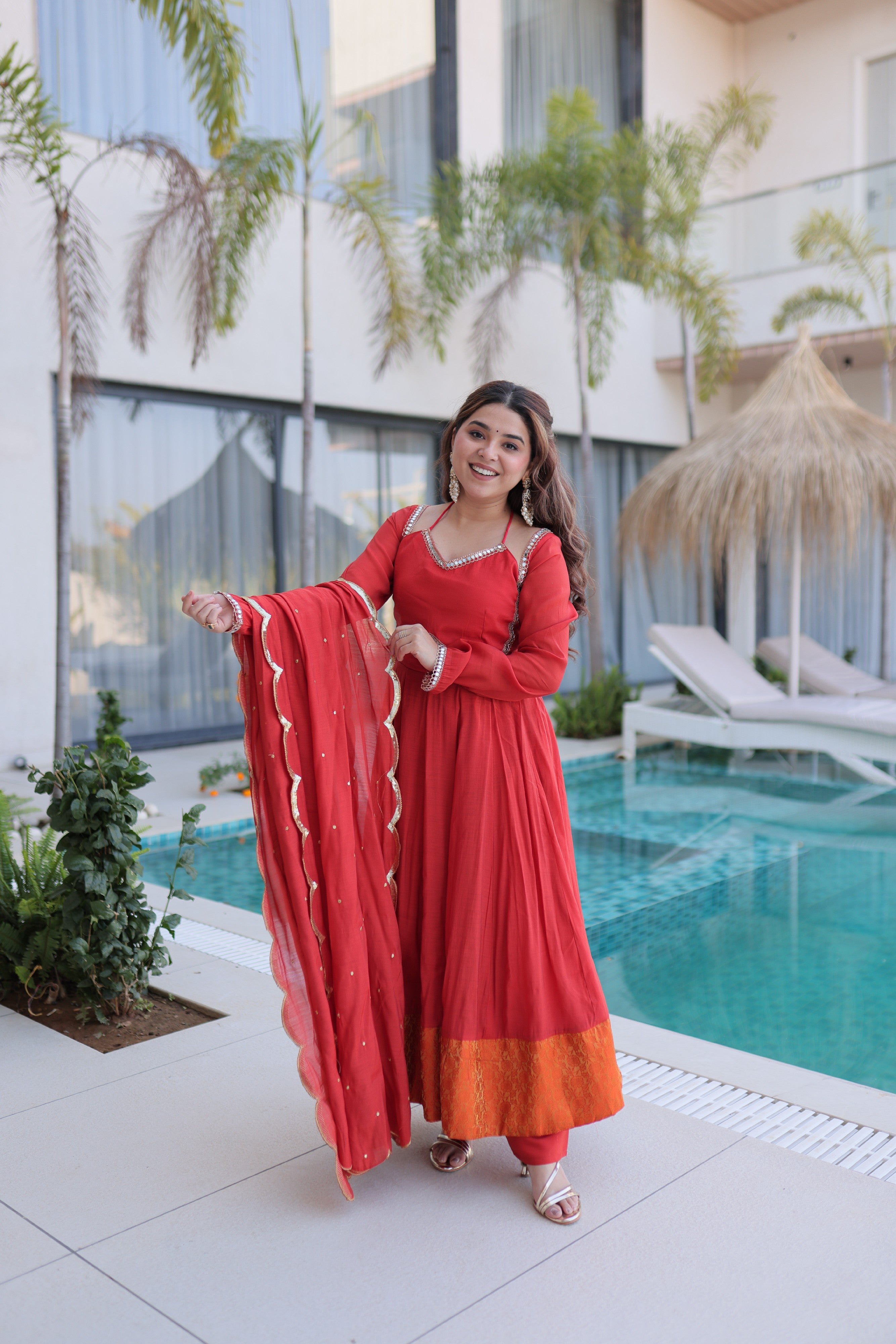 Chanderi Lace Work Mehendi Anarkali Suit With Pant