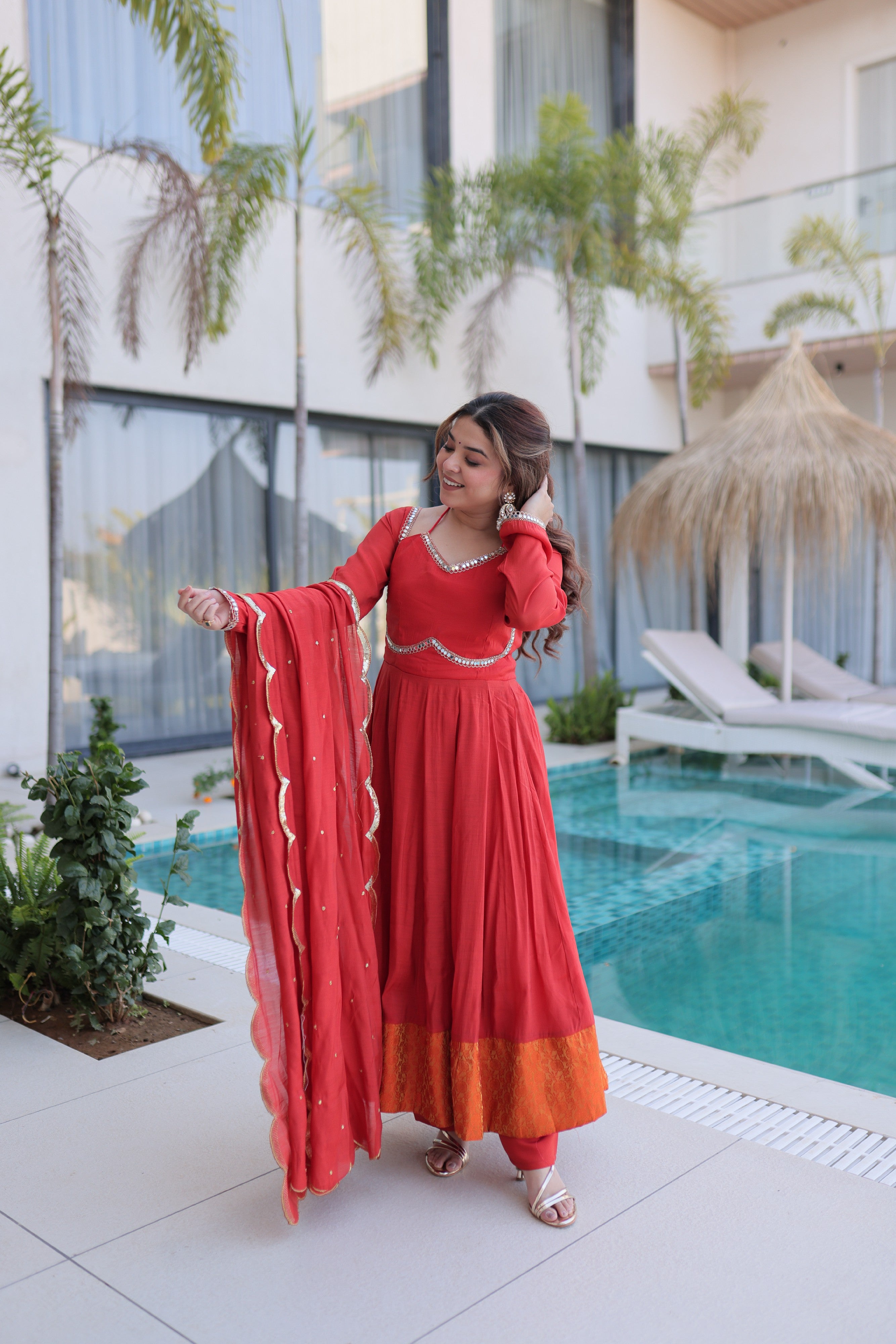 Chanderi Lace Work Mehendi Anarkali Suit With Pant