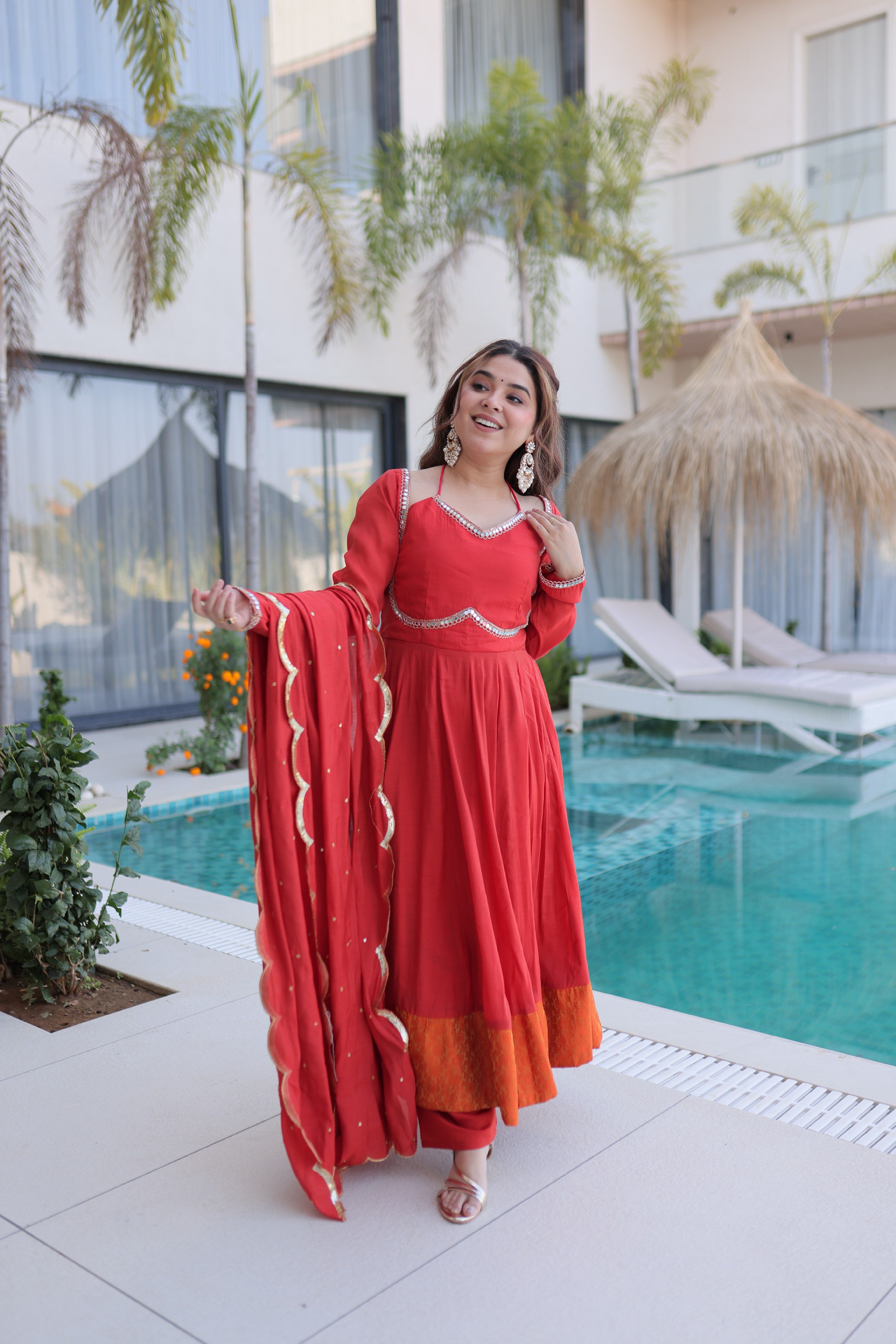 Chanderi Lace Work Mehendi Anarkali Suit With Pant