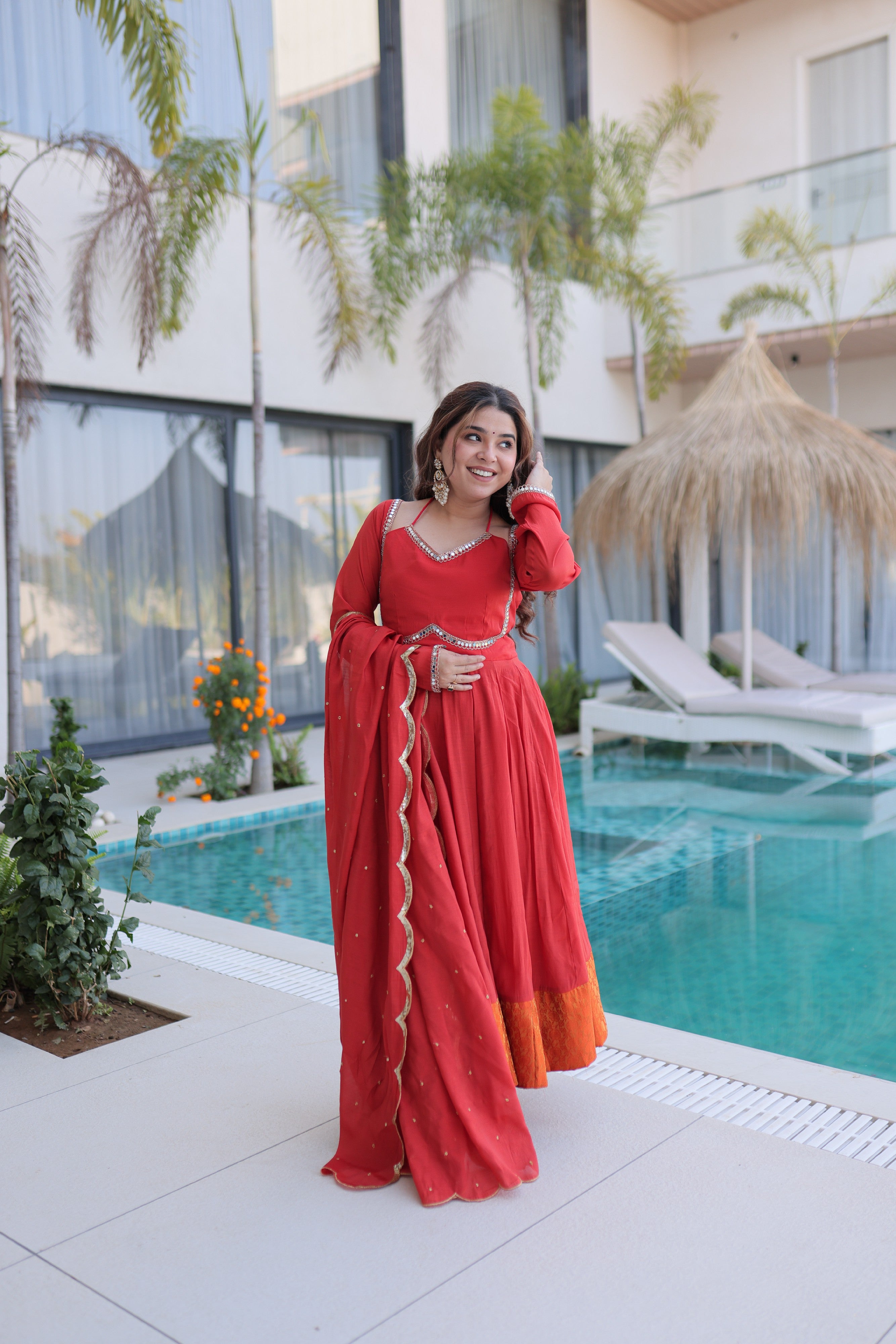 Chanderi Lace Work Mehendi Anarkali Suit With Pant