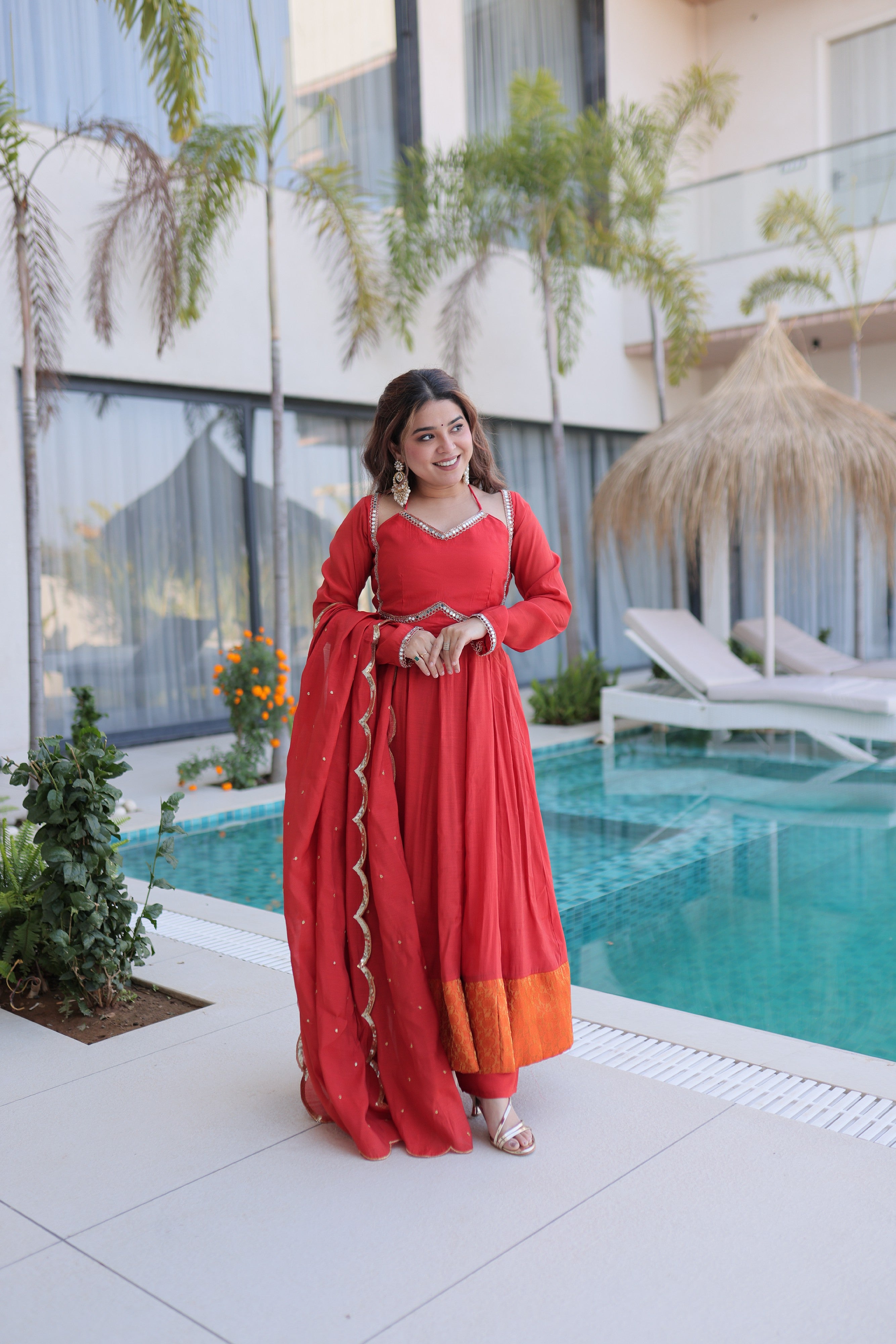 Chanderi Lace Work Mehendi Anarkali Suit With Pant