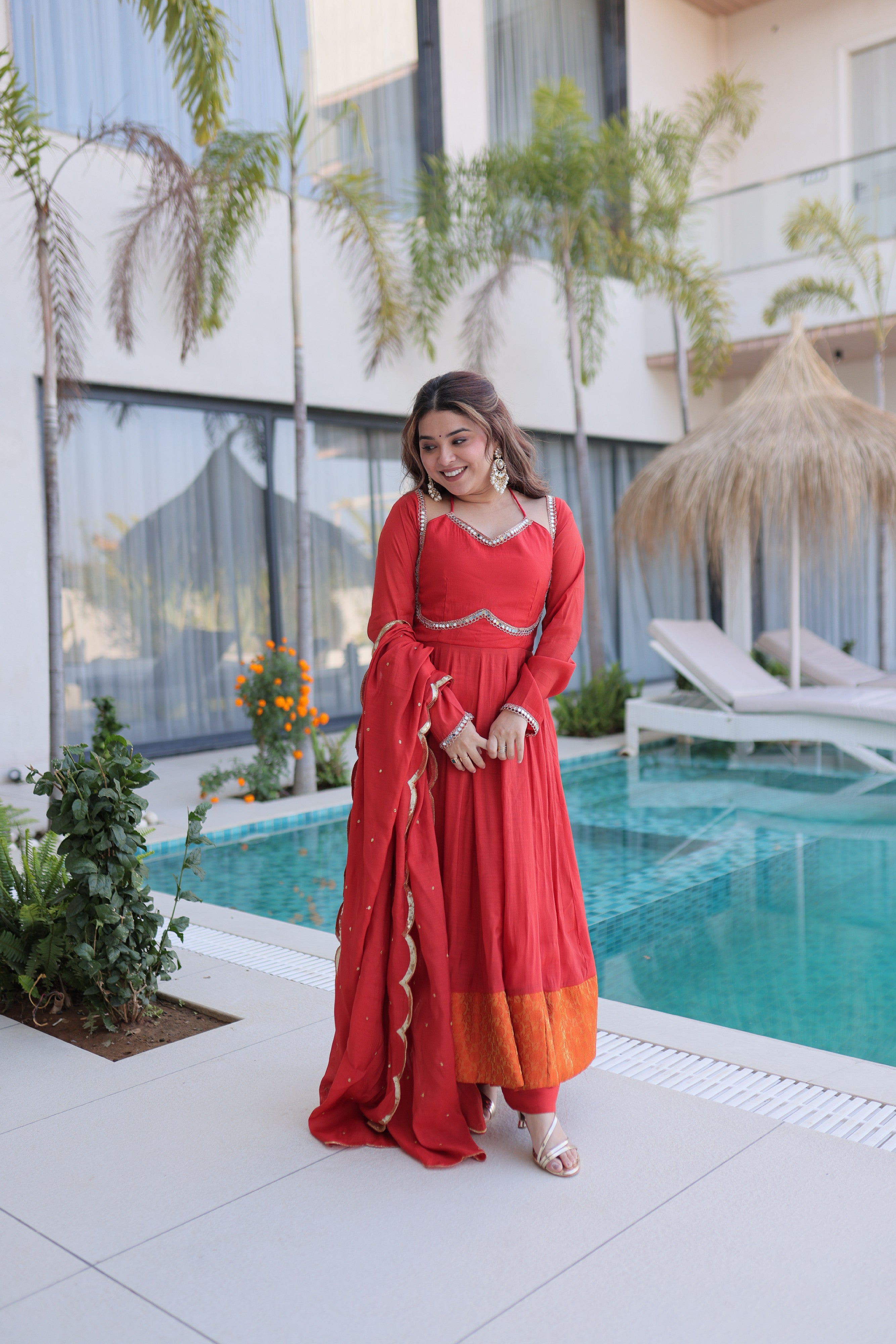Chanderi Lace Work Mehendi Anarkali Suit With Pant