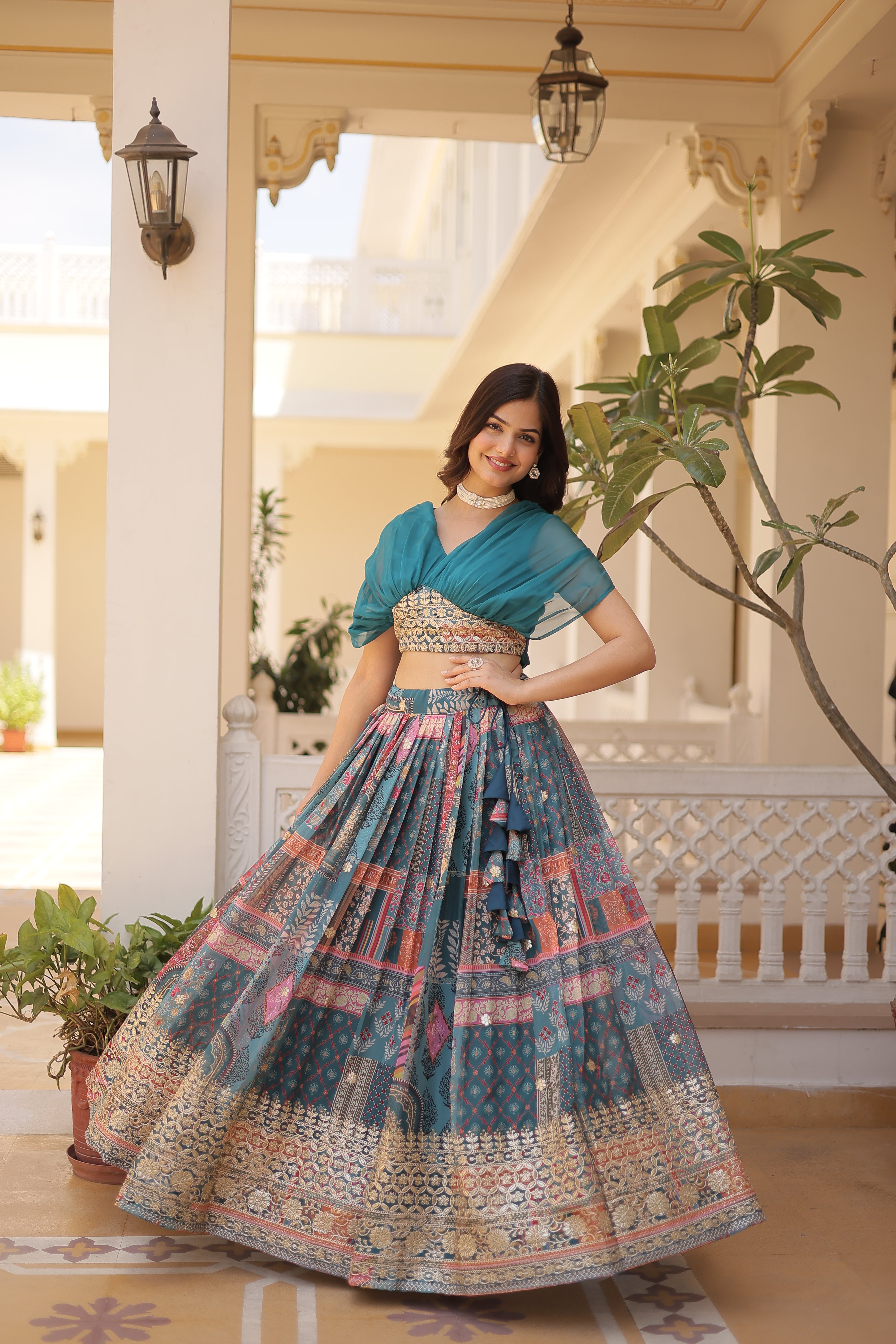 Silk Digital Printed Designer Crop Top Lehenga