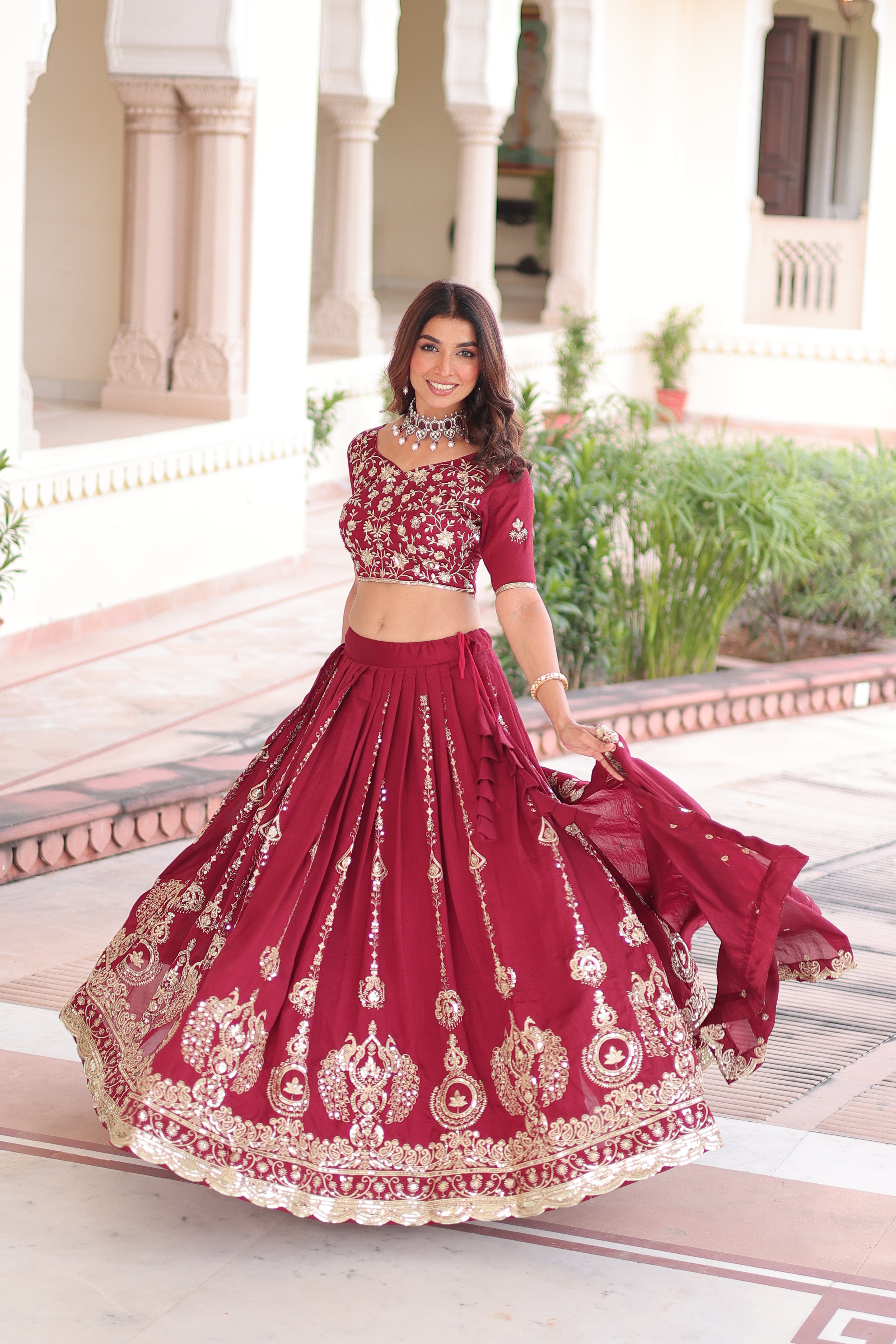 Maroon Silk Heavy Sequins Festive Lehenga Choli for Women
