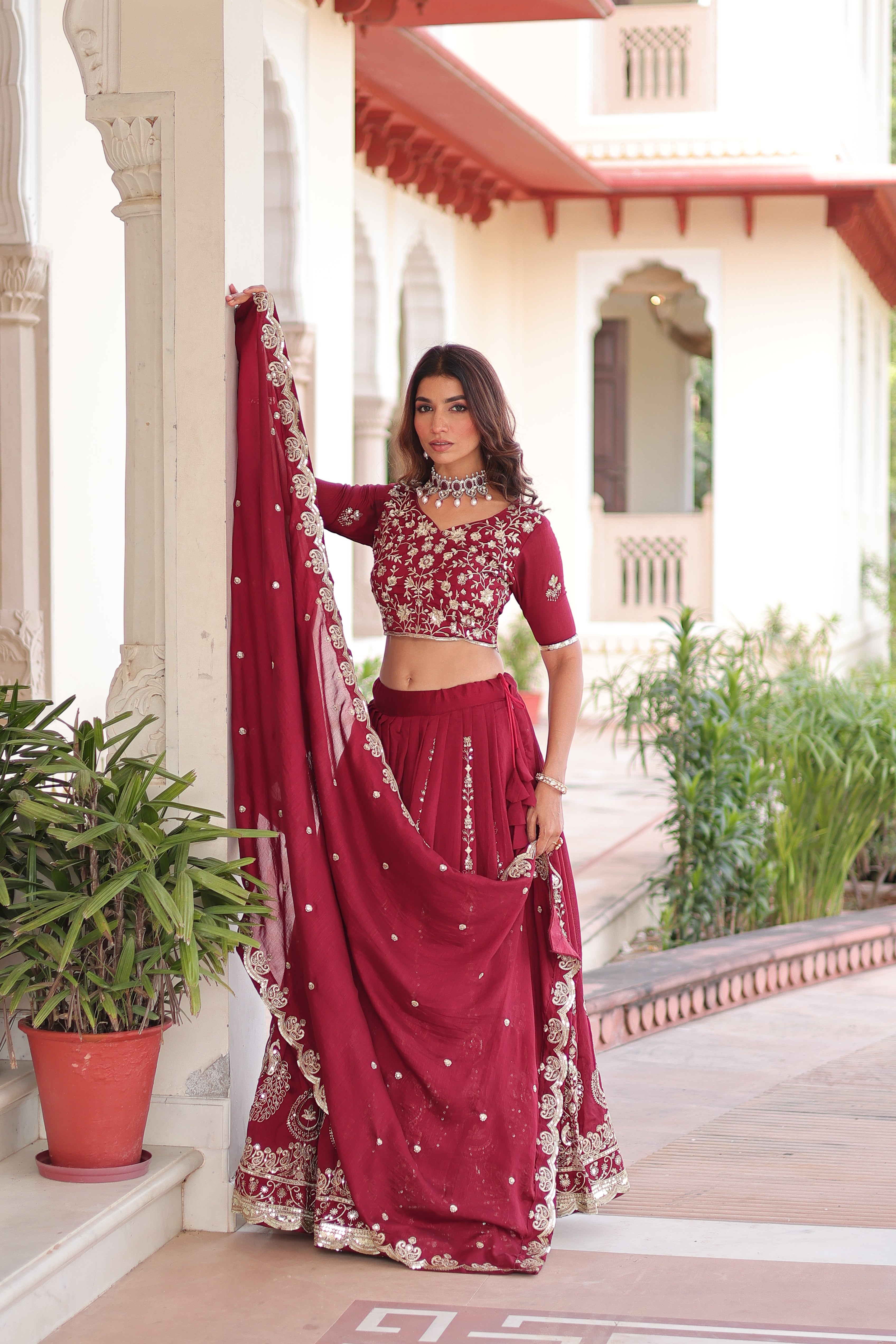 Maroon Silk Heavy Sequins Festive Lehenga Choli for Women