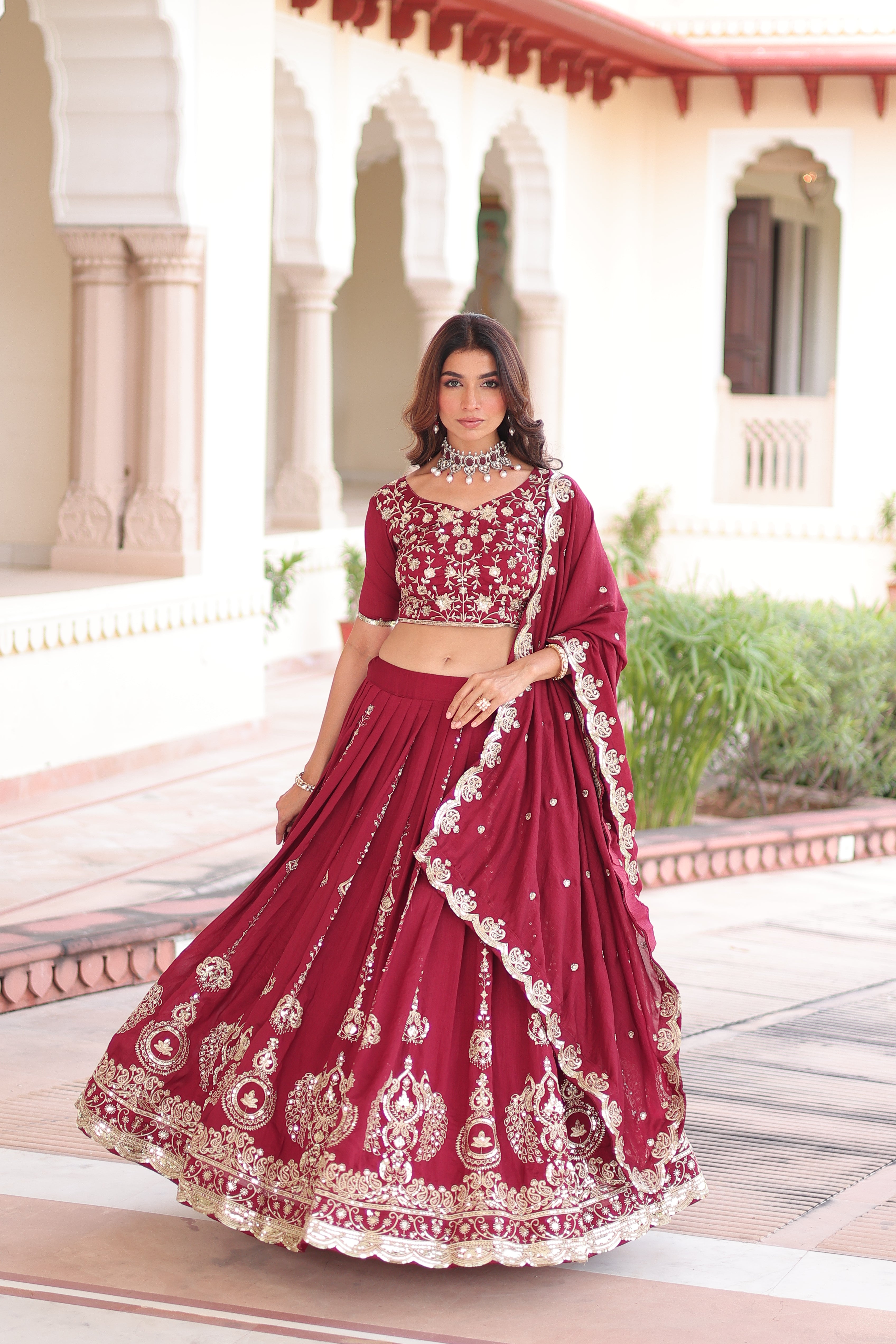 Maroon Silk Heavy Sequins Festive Lehenga Choli for Women