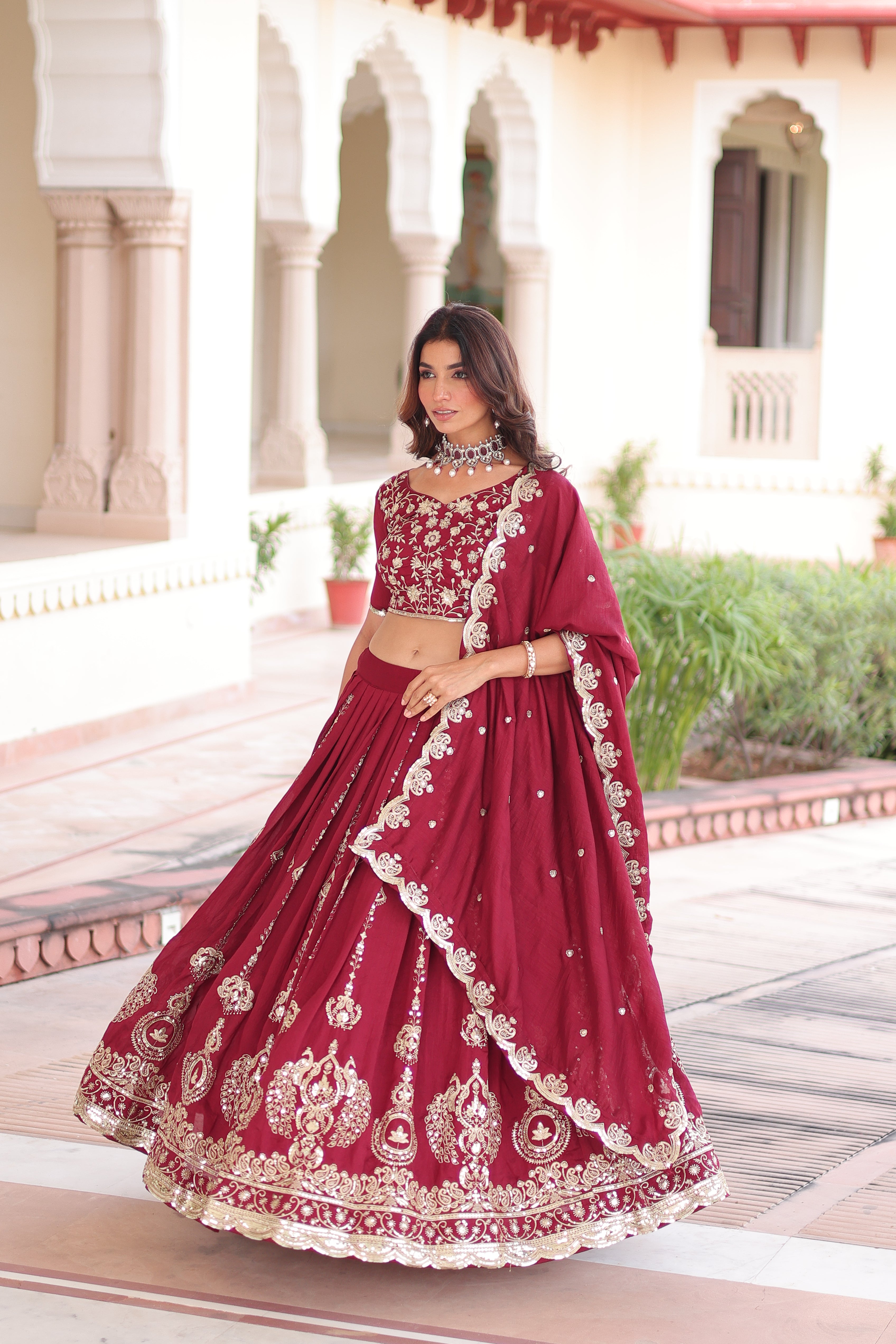 Maroon Silk Heavy Sequins Festive Lehenga Choli for Women