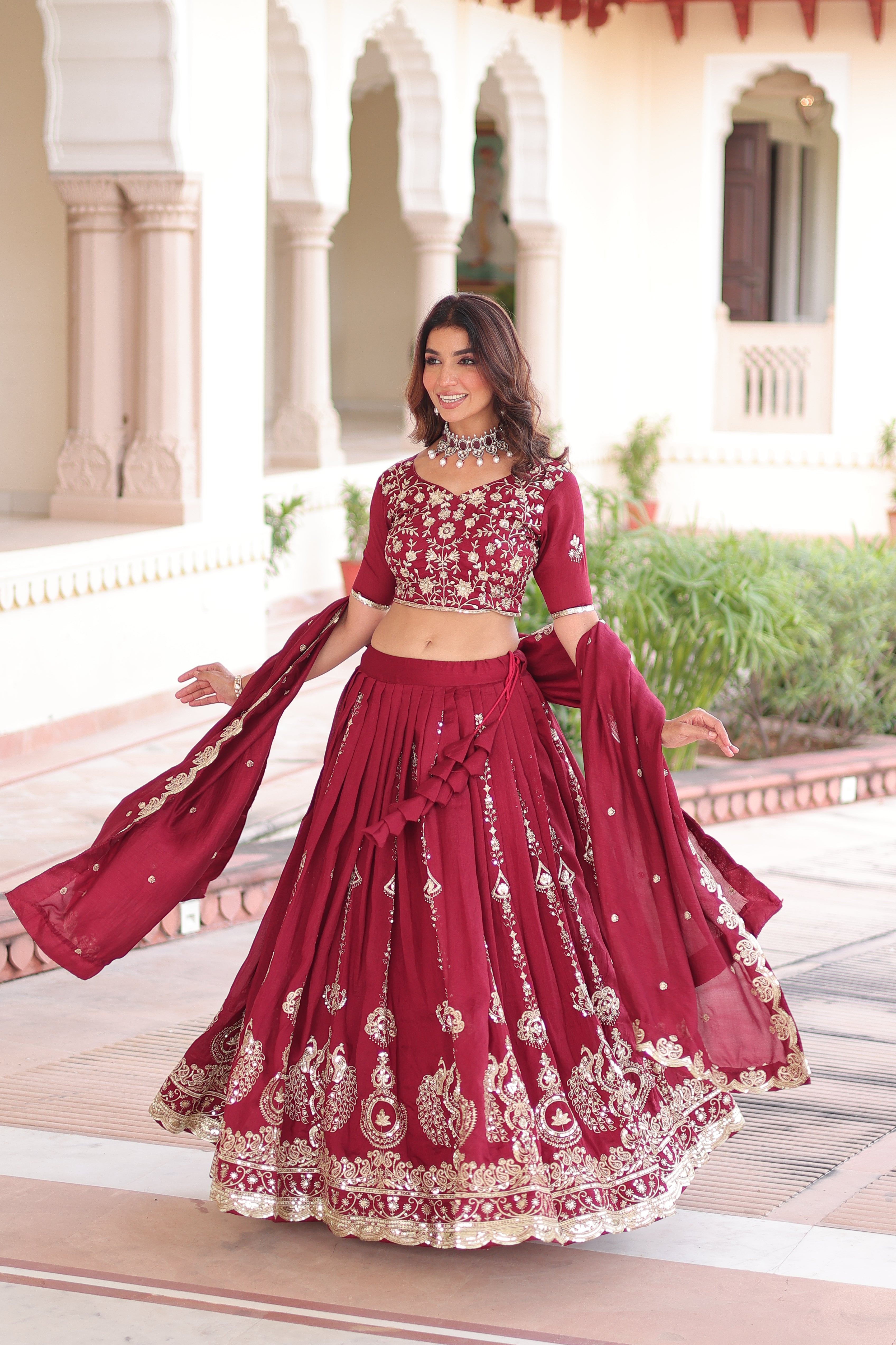 Maroon Silk Heavy Sequins Festive Lehenga Choli for Women
