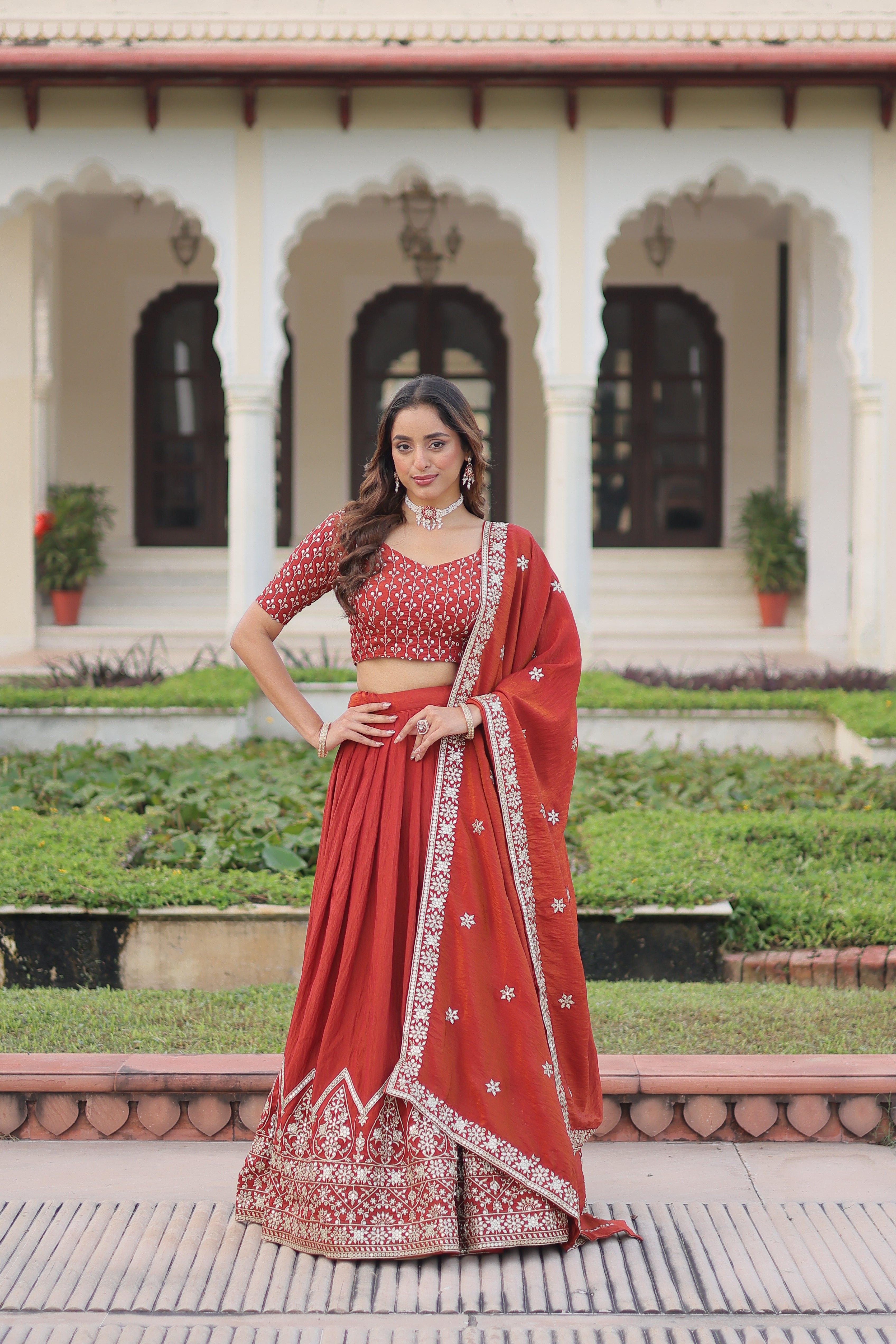 Red Silk Thread Embroidered Wedding Lehenga Choli for Women
