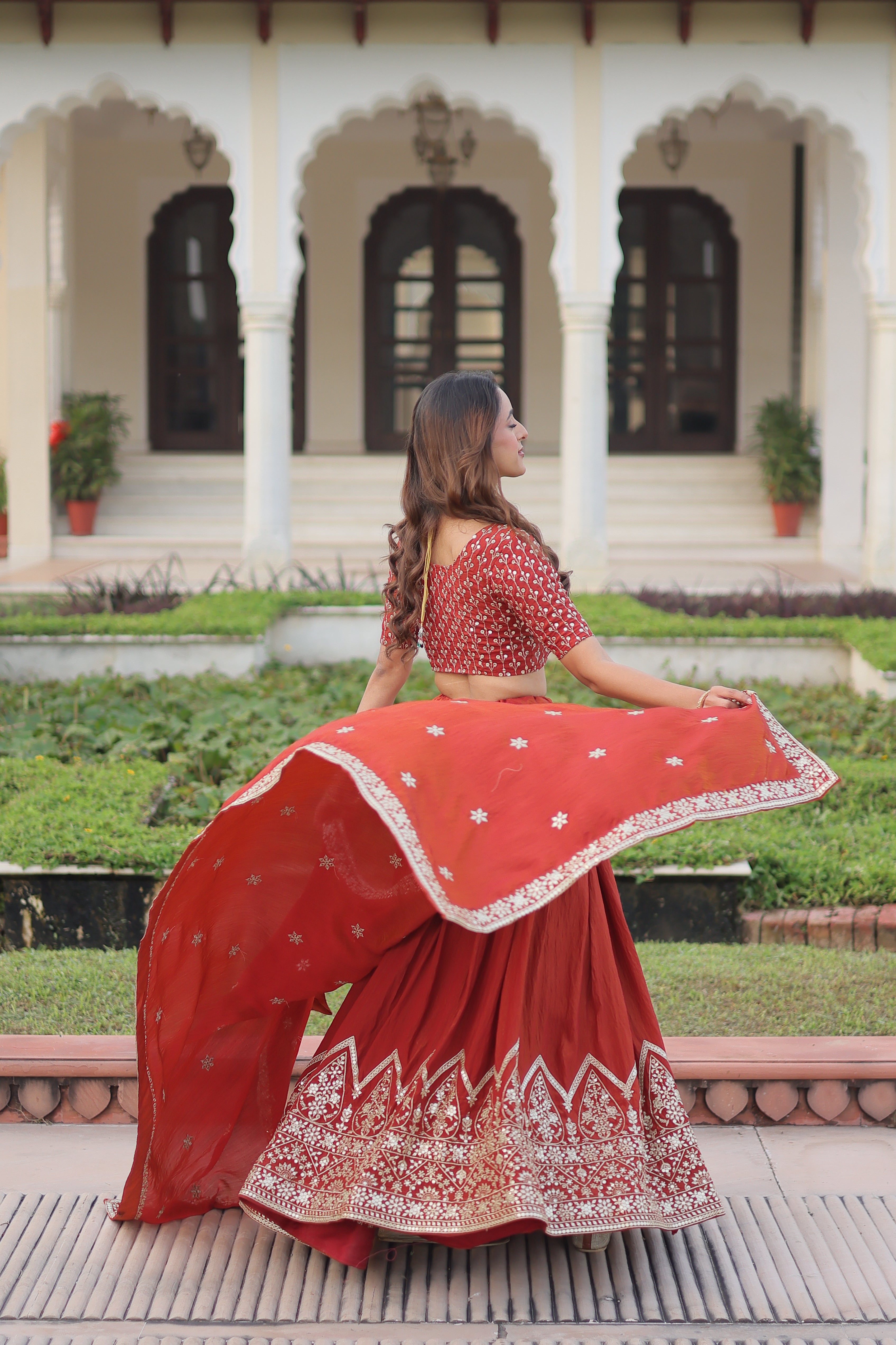 Red Silk Thread Embroidered Wedding Lehenga Choli for Women