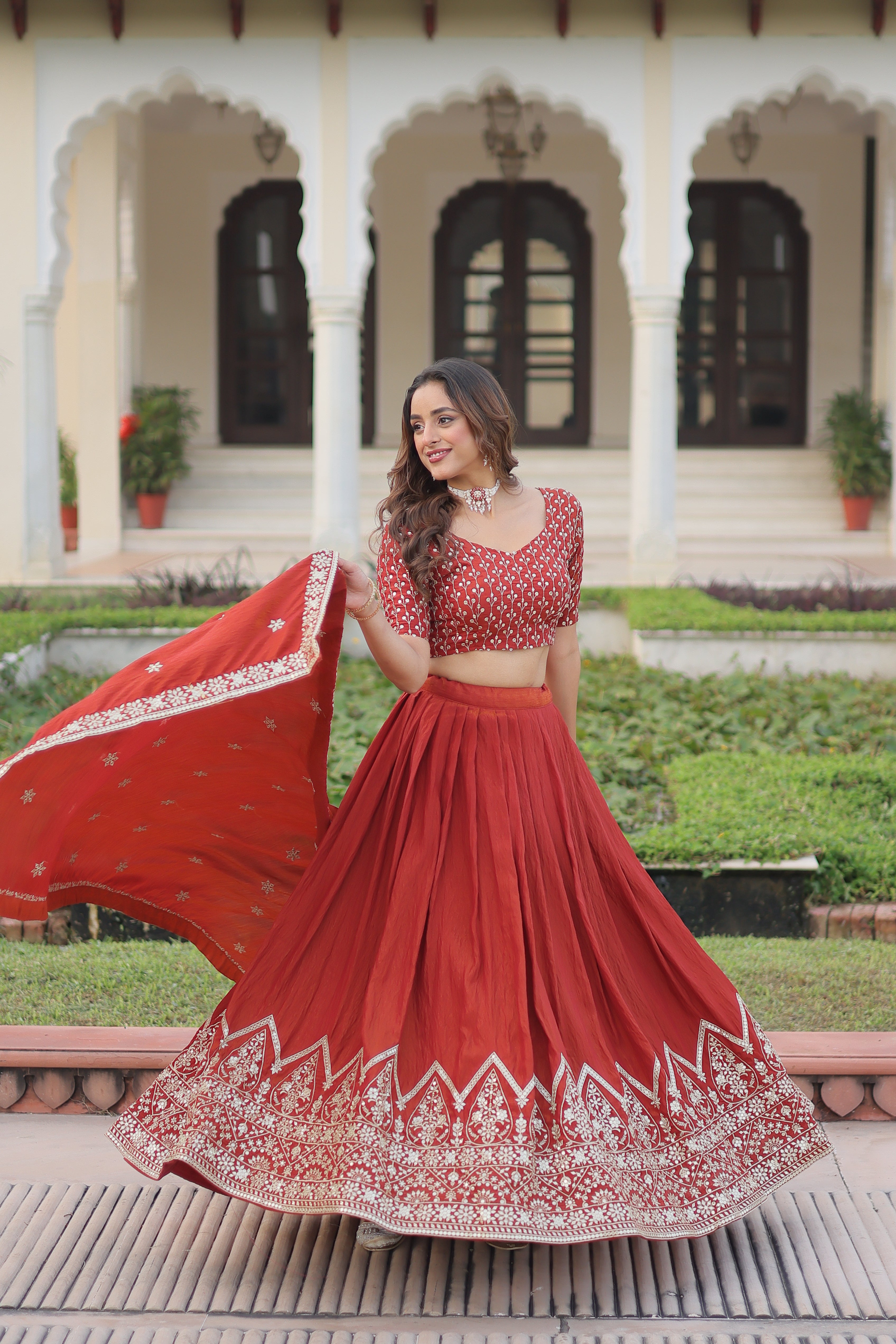 Red Silk Thread Embroidered Wedding Lehenga Choli for Women