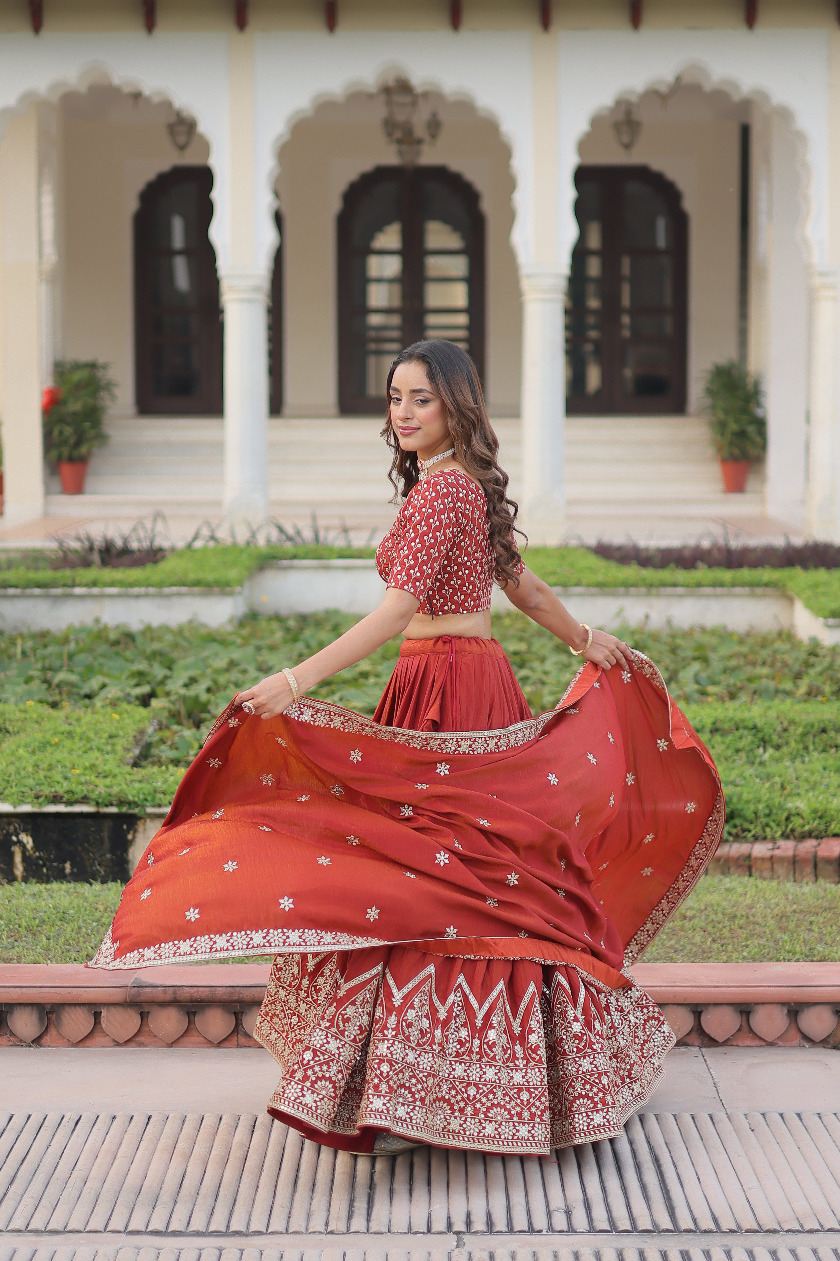 Red Silk Thread Embroidered Wedding Lehenga Choli for Women