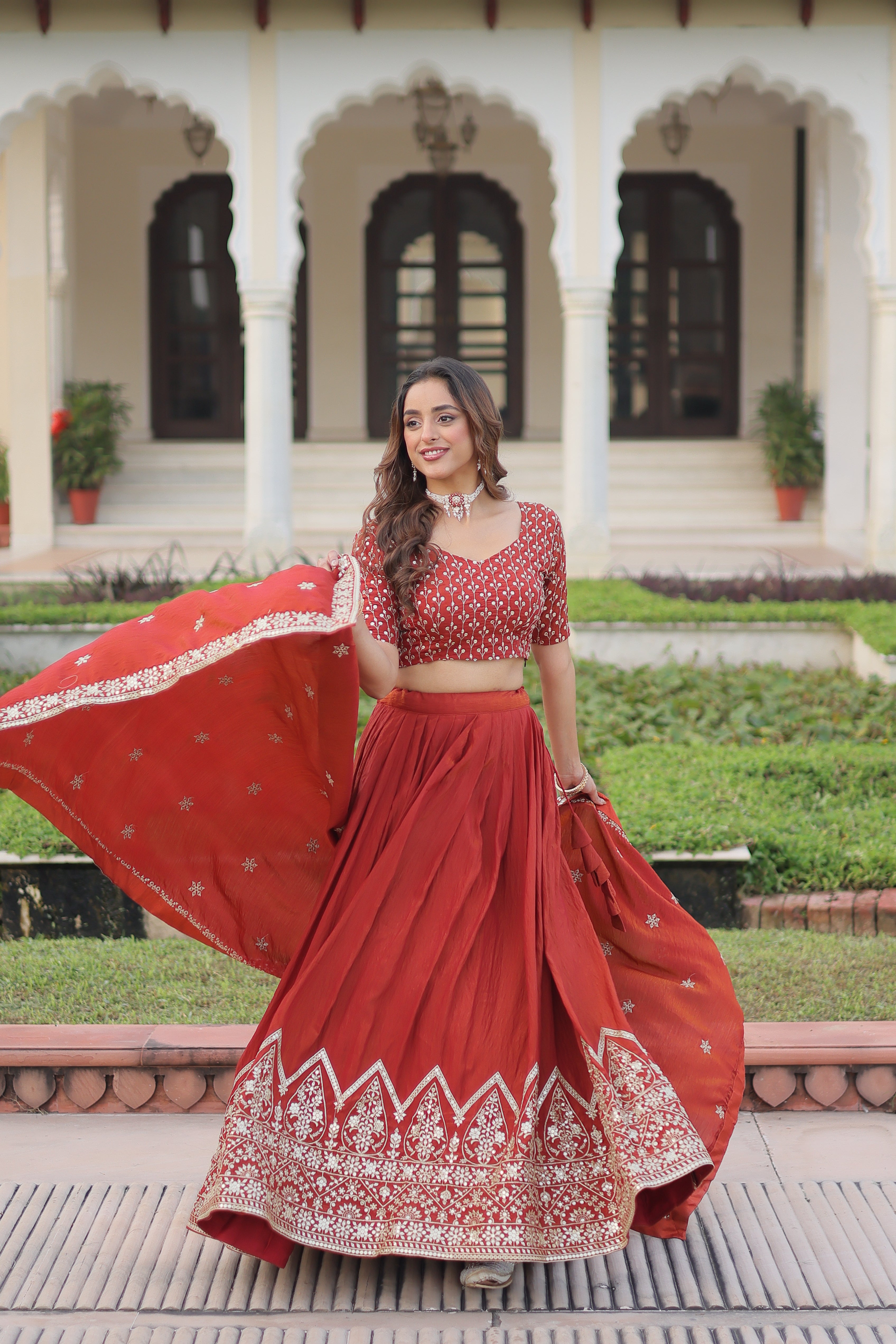Red Silk Thread Embroidered Wedding Lehenga Choli for Women