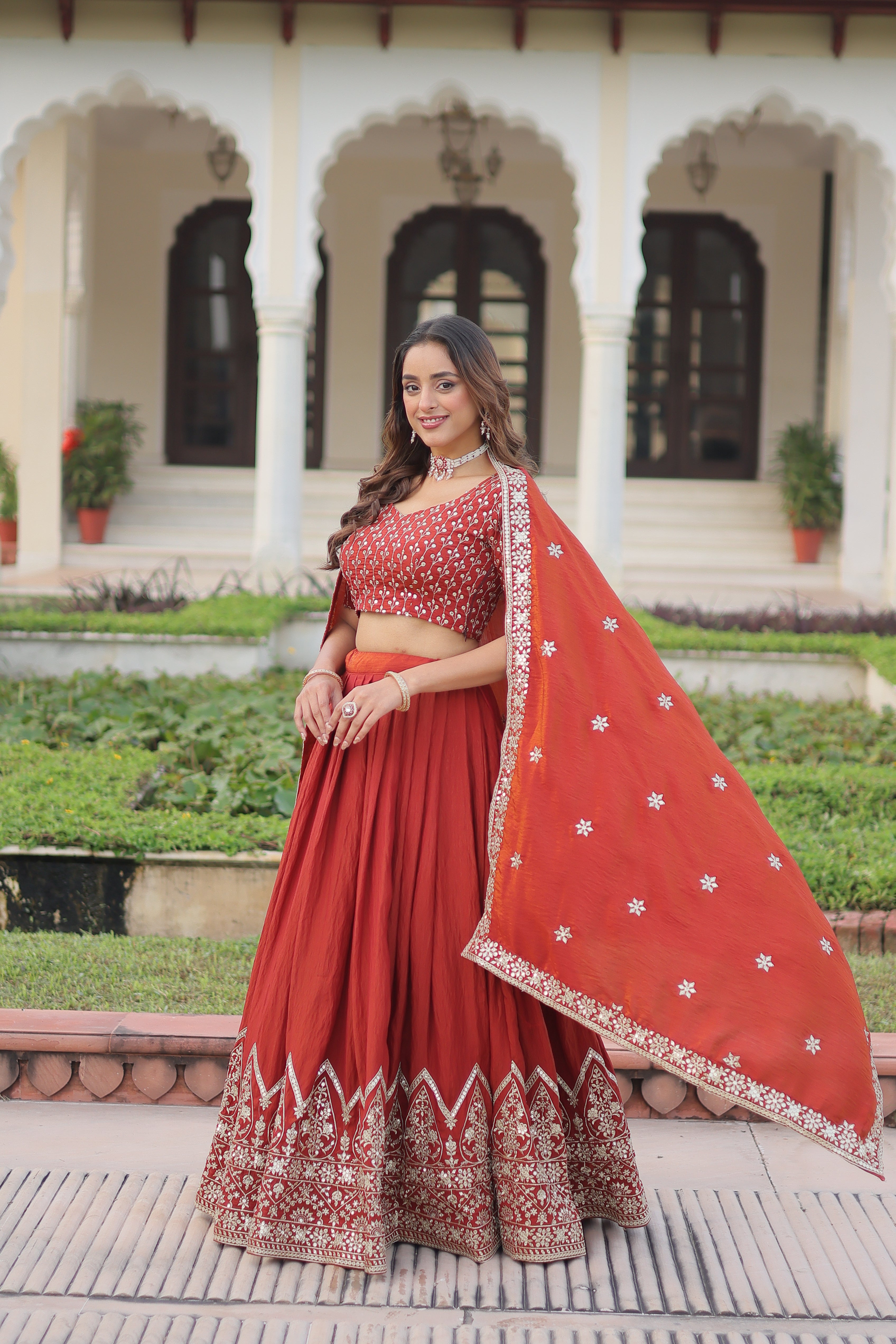 Red Silk Thread Embroidered Wedding Lehenga Choli for Women