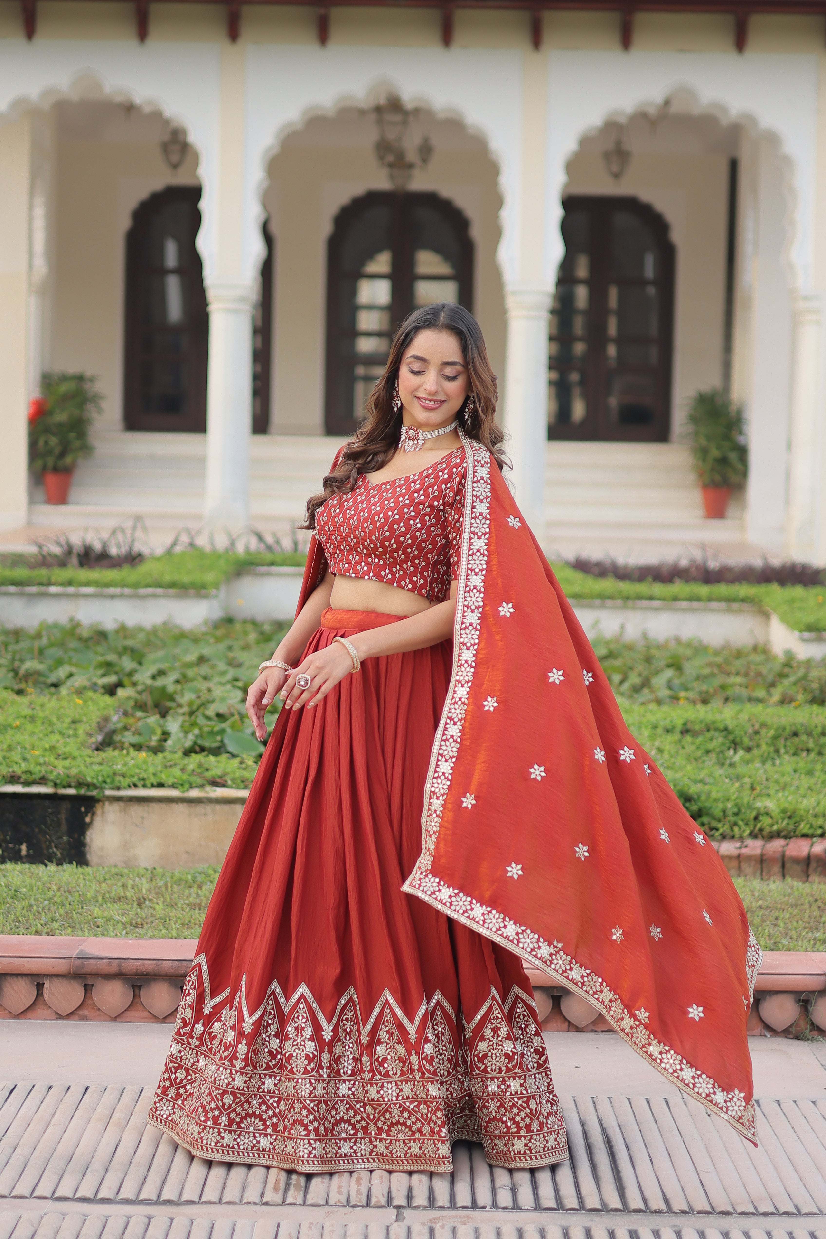 Red Silk Thread Embroidered Wedding Lehenga Choli for Women