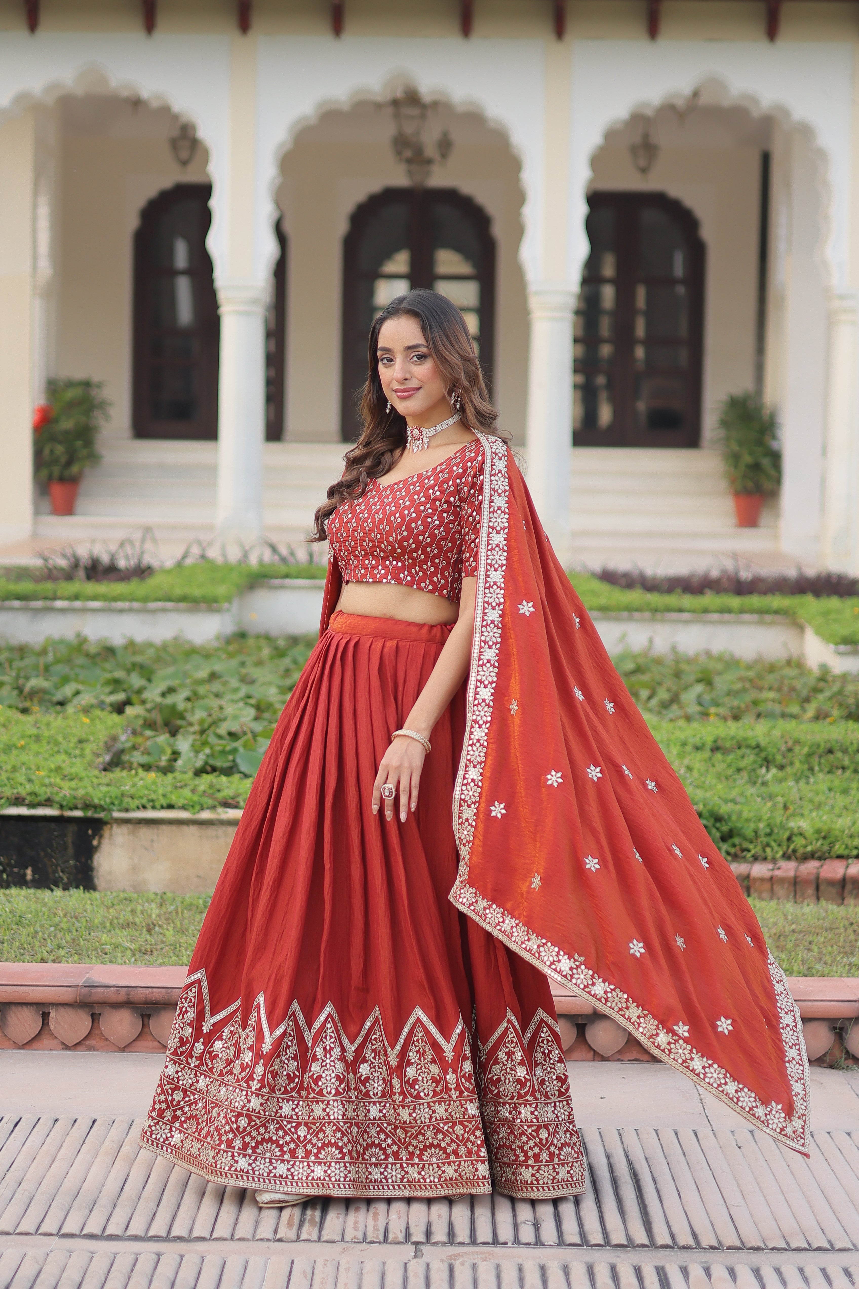 Red Silk Thread Embroidered Wedding Lehenga Choli for Women