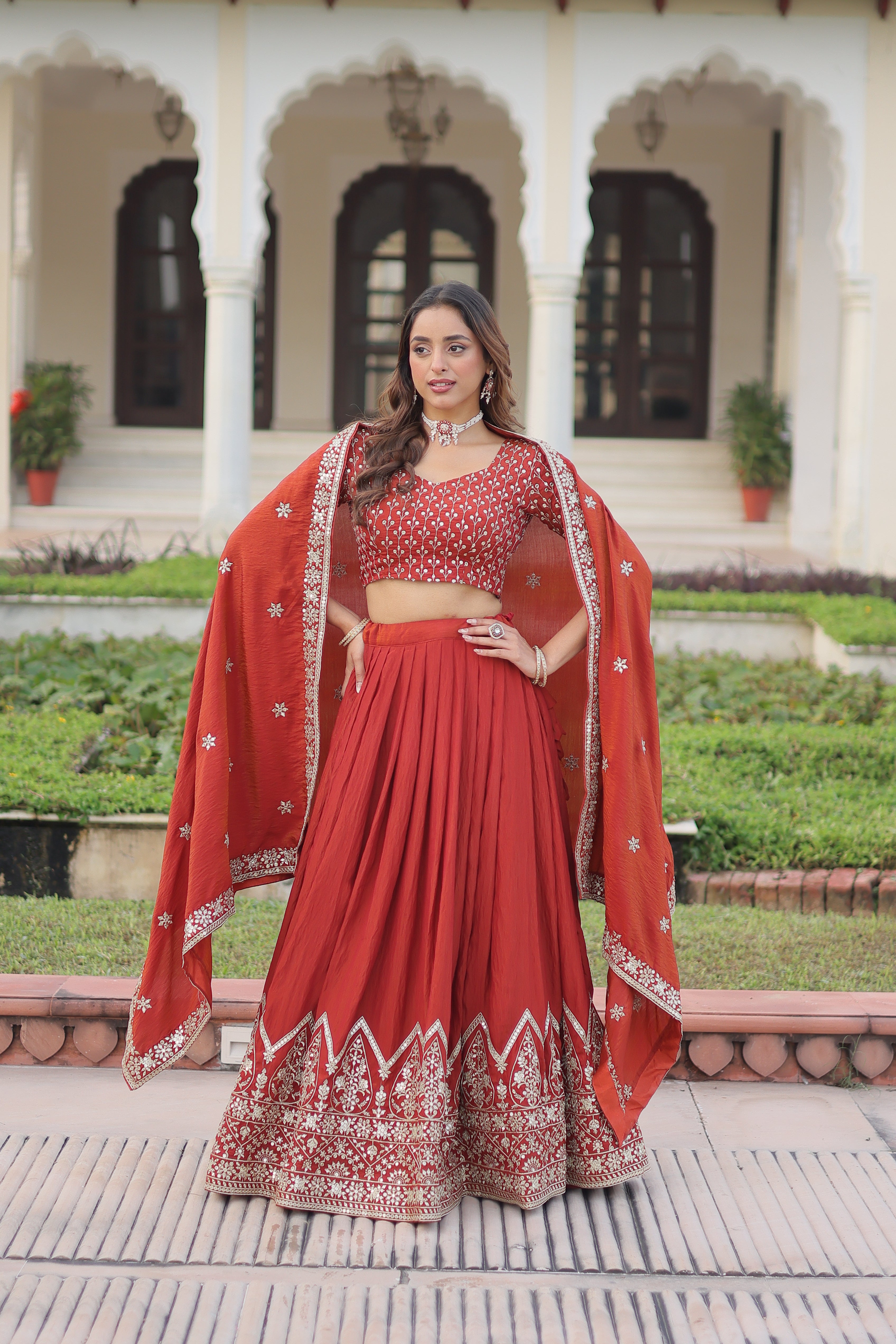 Red Silk Thread Embroidered Wedding Lehenga Choli for Women