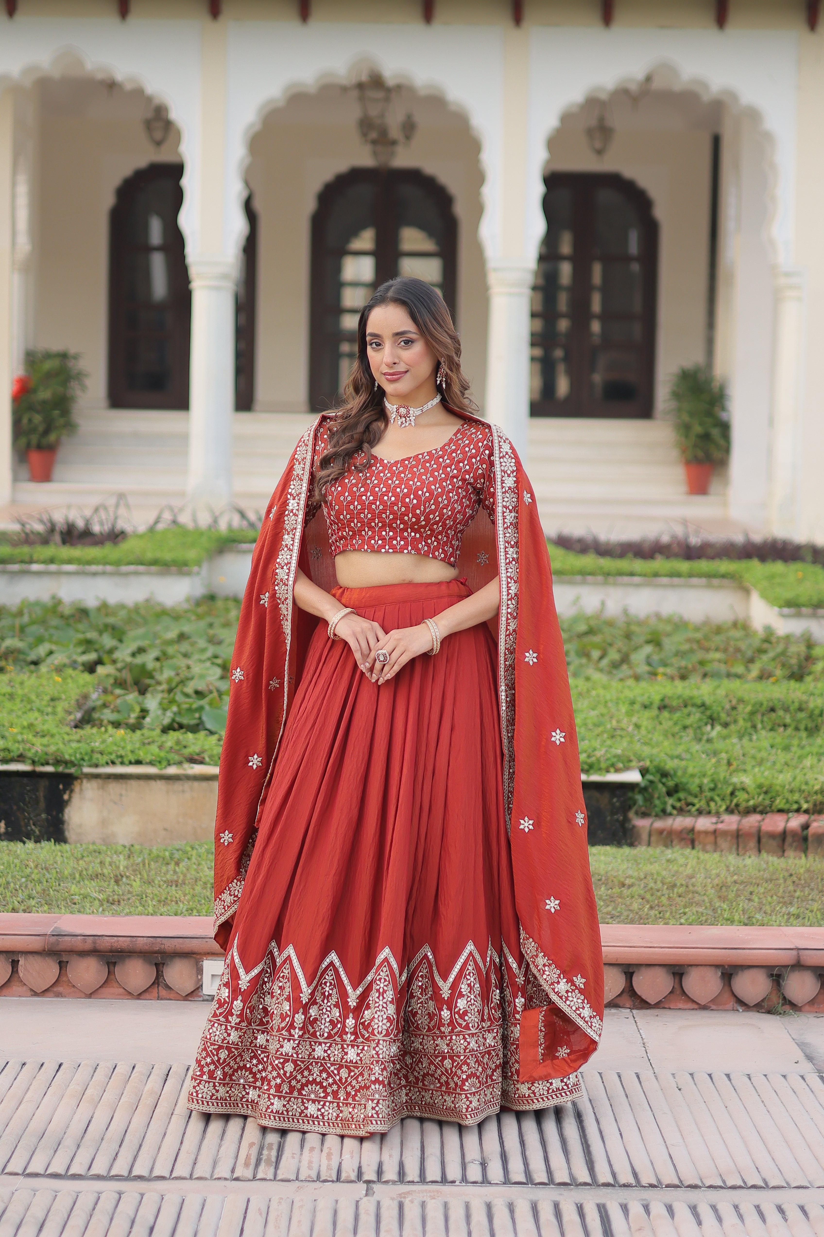 Red Silk Thread Embroidered Wedding Lehenga Choli for Women