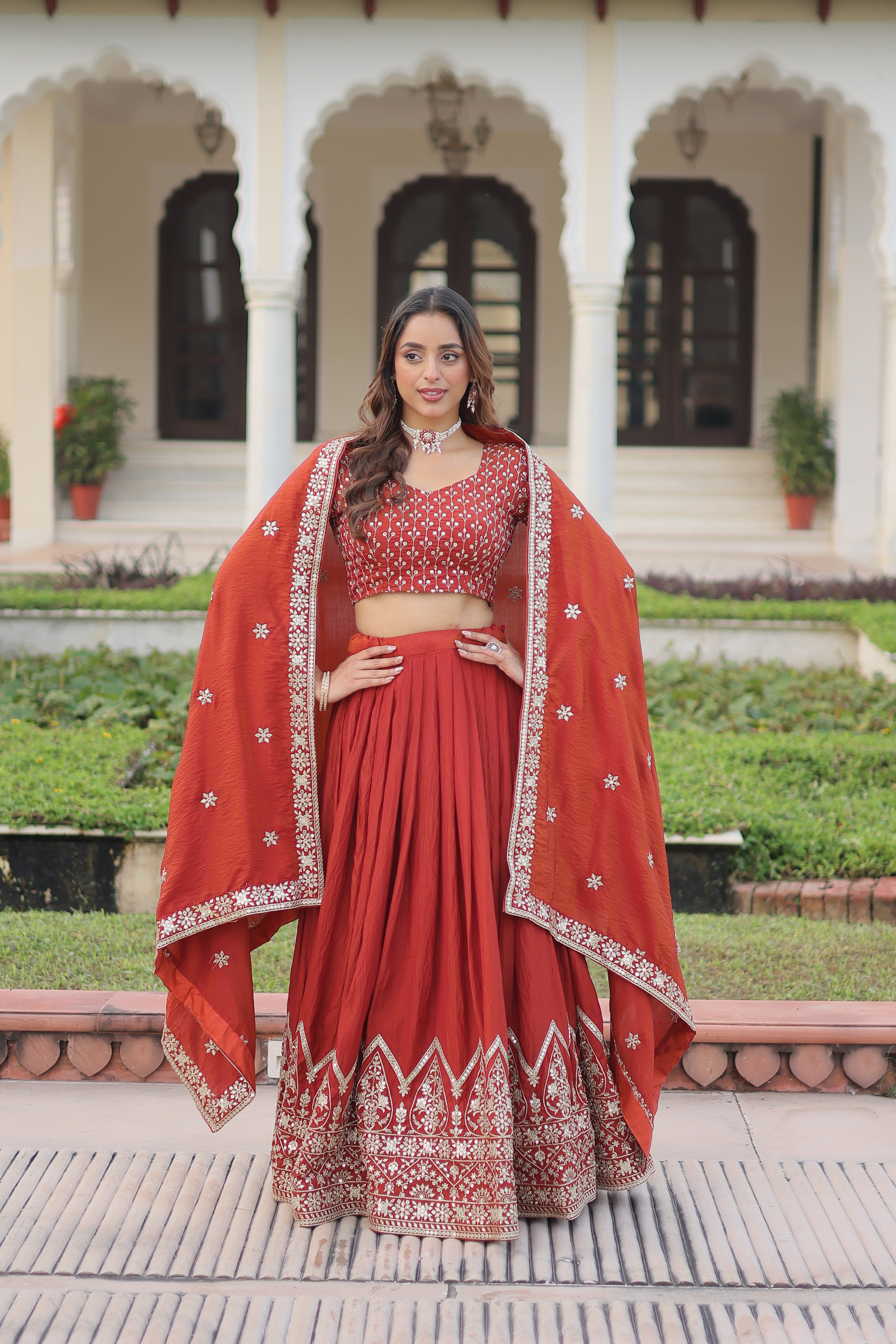 Red Silk Thread Embroidered Wedding Lehenga Choli for Women