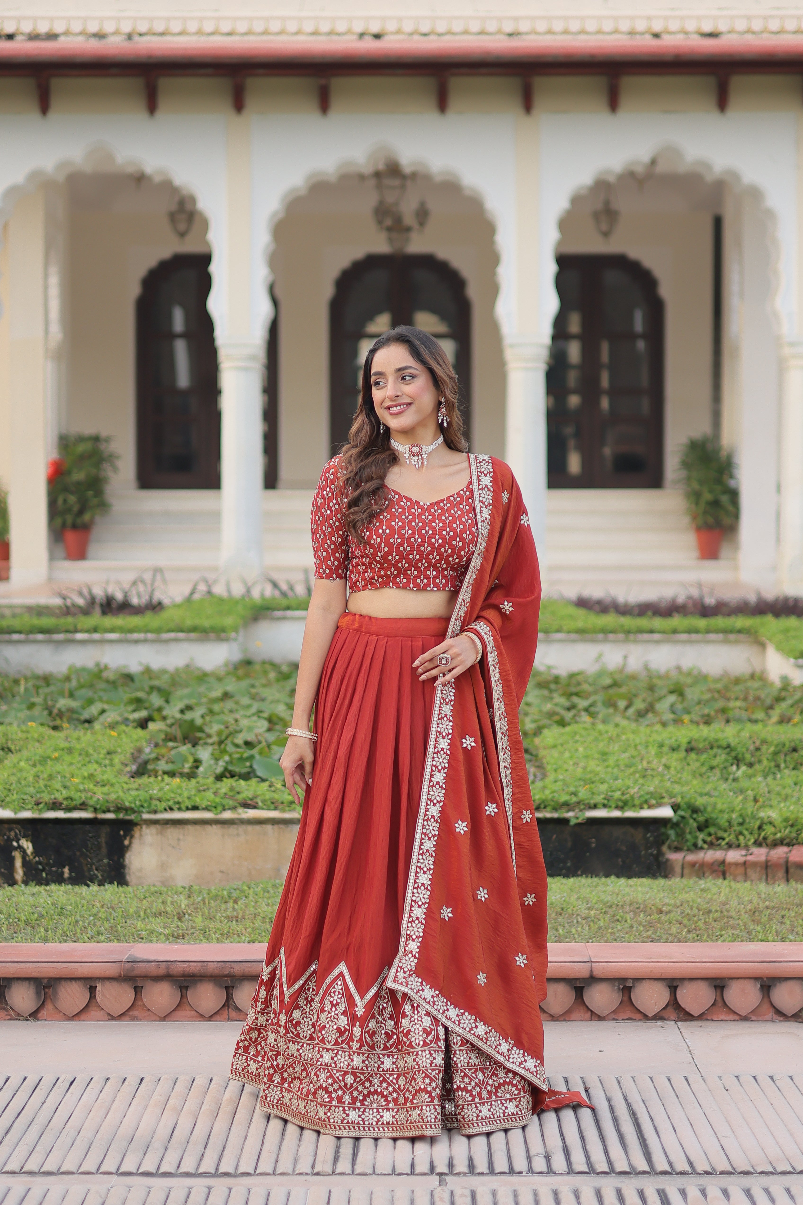 Red Silk Thread Embroidered Wedding Lehenga Choli for Women