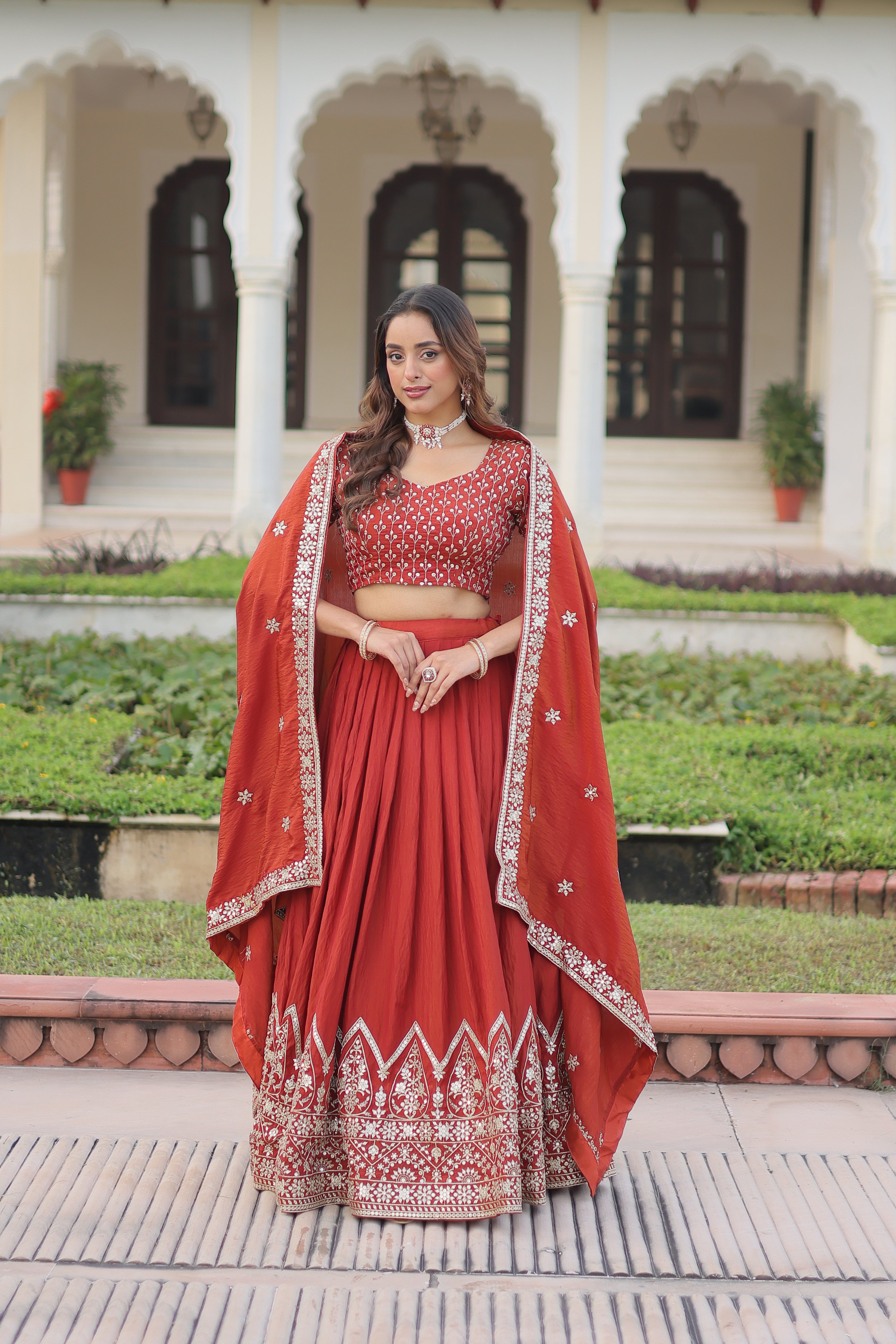 Red Silk Thread Embroidered Wedding Lehenga Choli for Women