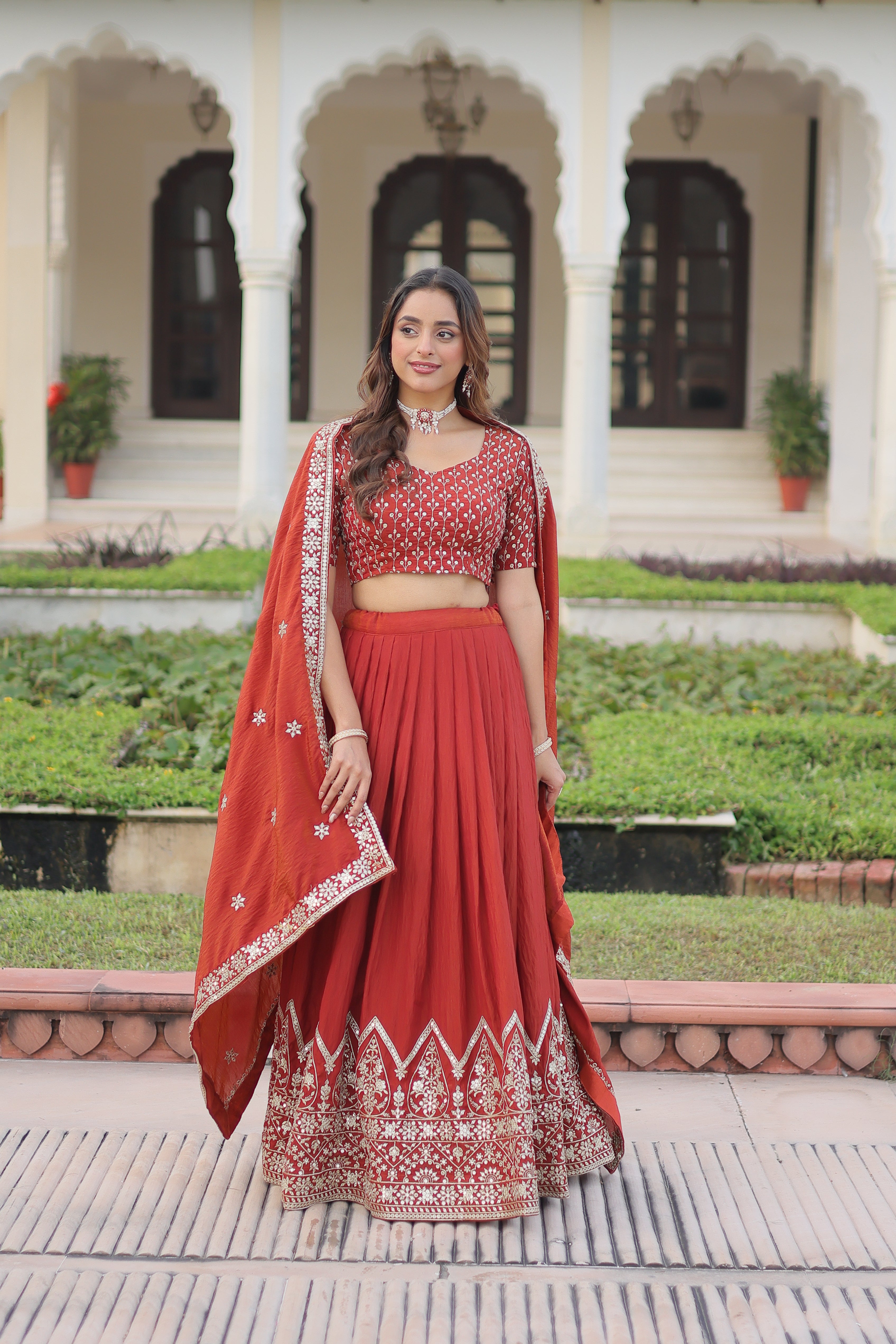 Red Silk Thread Embroidered Wedding Lehenga Choli for Women