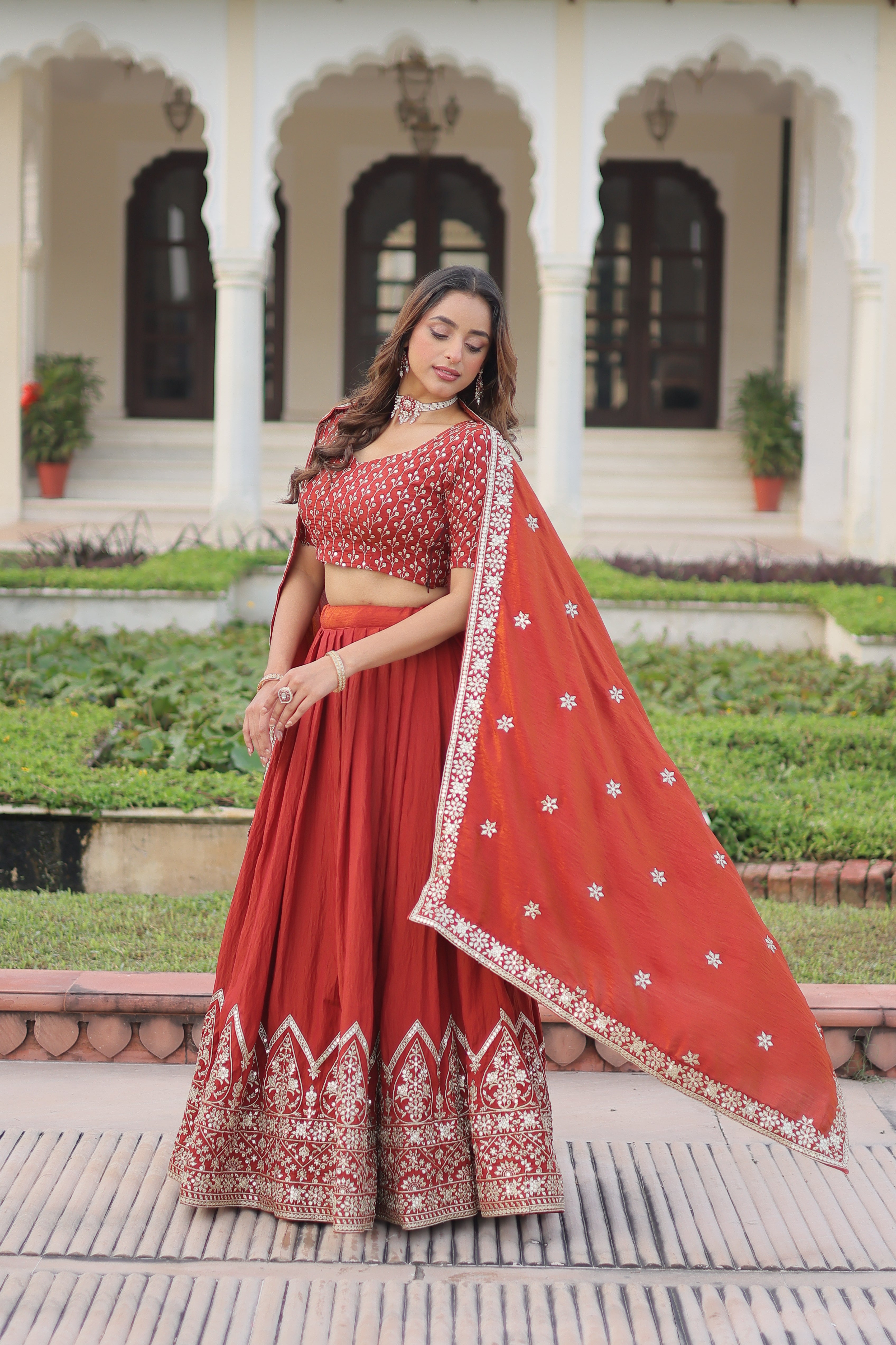 Red Silk Thread Embroidered Wedding Lehenga Choli for Women