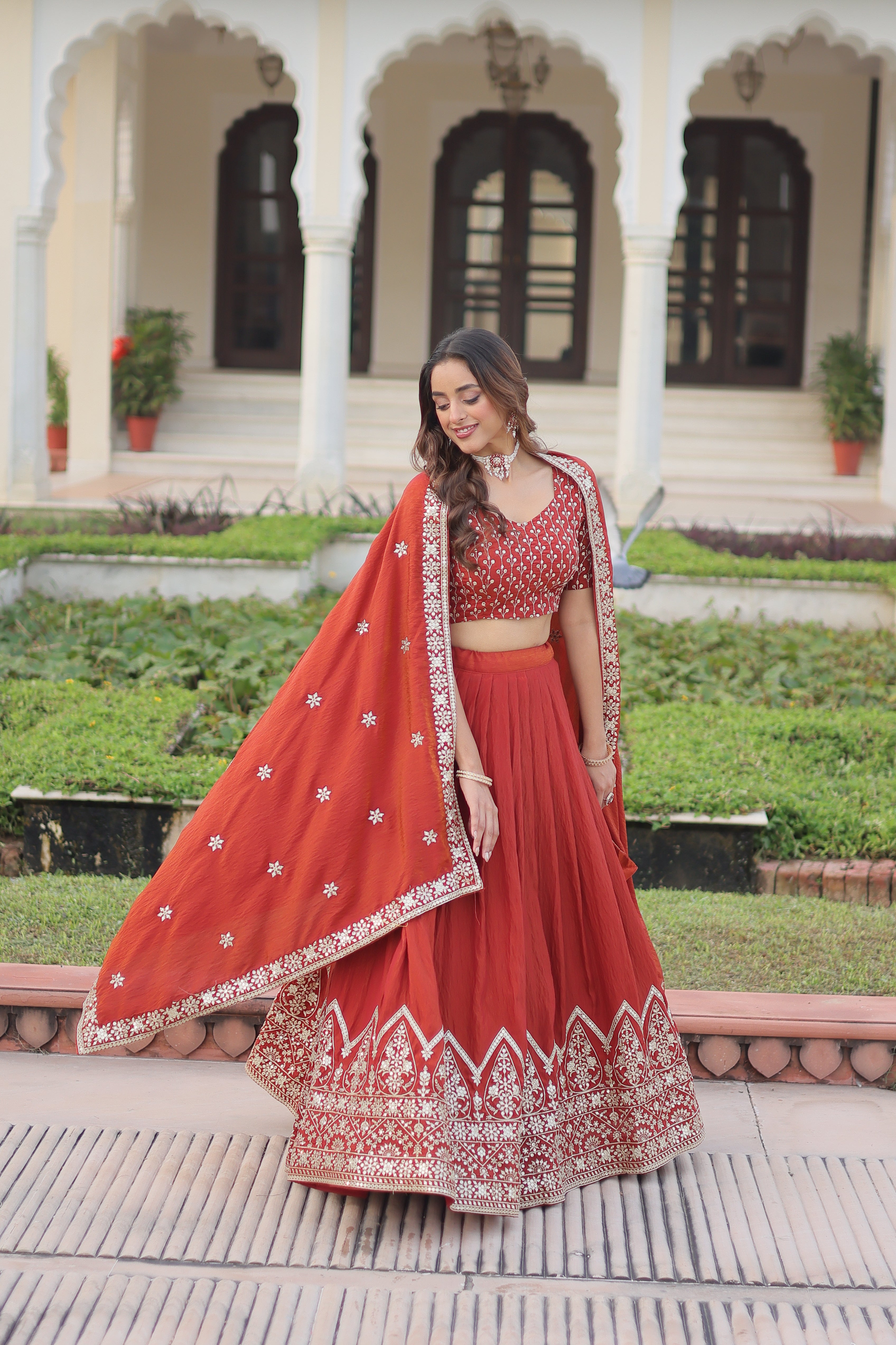 Red Silk Thread Embroidered Wedding Lehenga Choli for Women